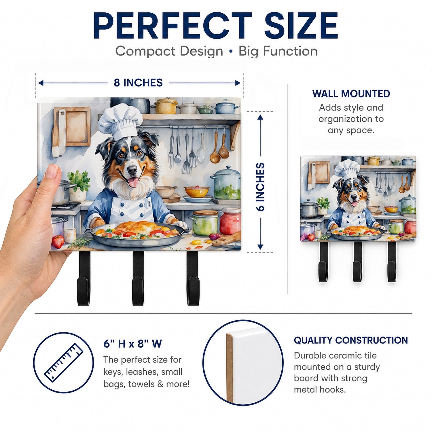 Australian Shepherd The Chef Leash or Key Holder Wall Hooks, Coat Rack Wall Mount, for Hanging Keys, Towels, Aprons, Leashes