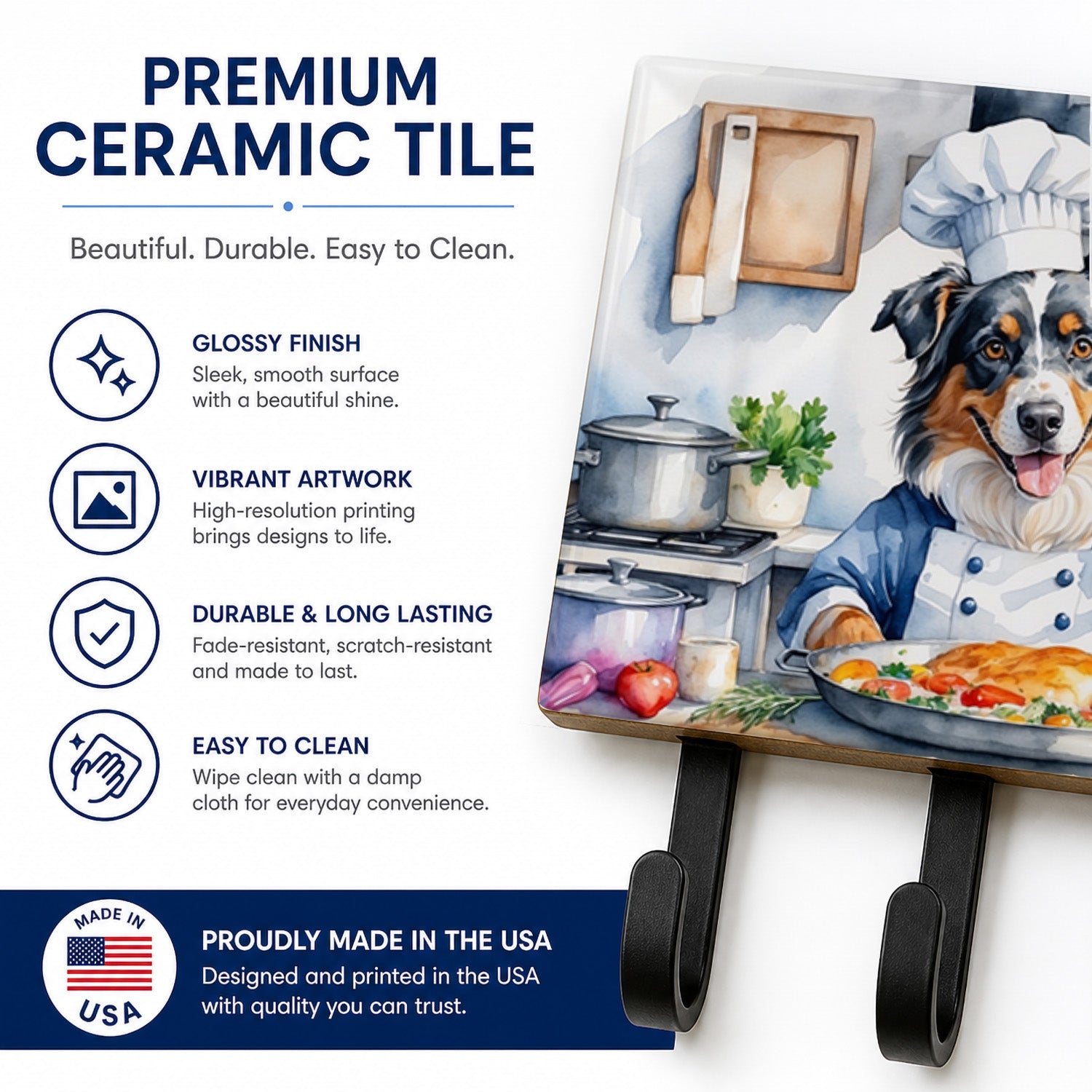 Australian Shepherd The Chef Leash or Key Holder Wall Hooks, Coat Rack Wall Mount, for Hanging Keys, Towels, Aprons, Leashes