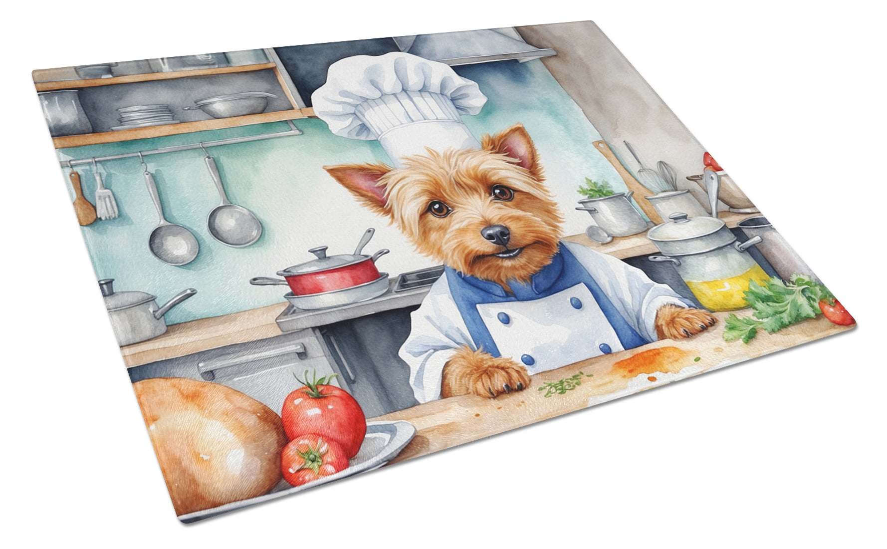 Australian Terrier The Chef Cutting Board Tempered Glass Kitchen Cutting Surface, Heat Resistant Chopping, Non-Slip Feet, Food Prep & Serving
