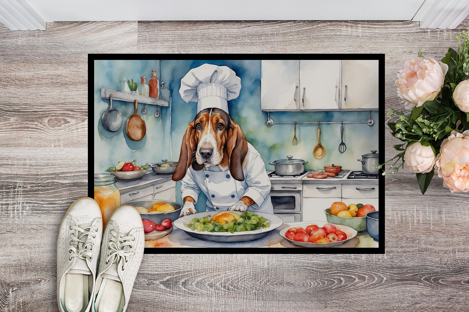 Basset Hound The Chef Doormat Indoor Outdoor 24H X 36W Front Door Mat Rugs for Entryway, Non Slip Washable Low Pile,