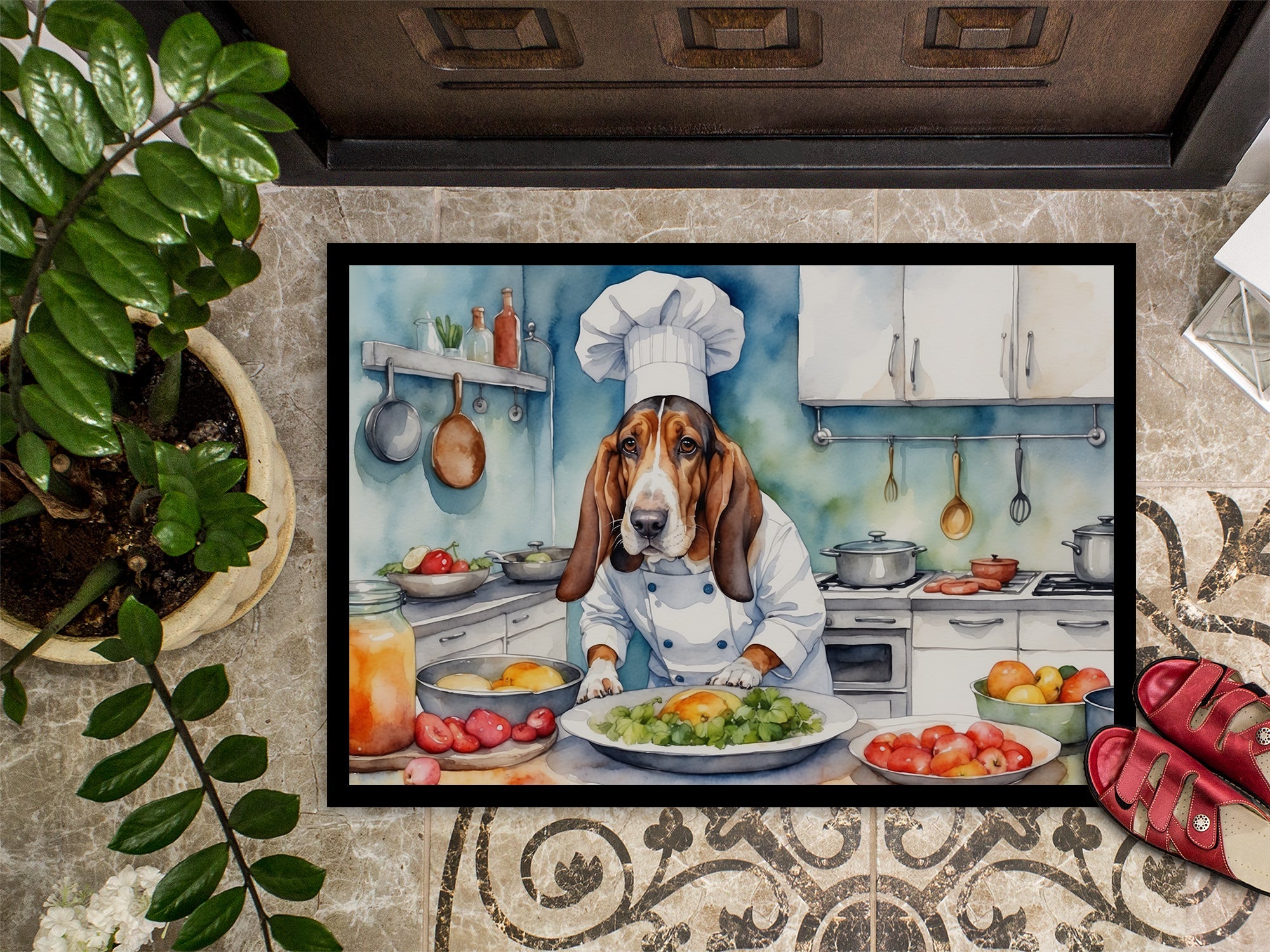 Basset Hound The Chef Doormat Indoor Outdoor 24H X 36W Front Door Mat Rugs for Entryway, Non Slip Washable Low Pile,