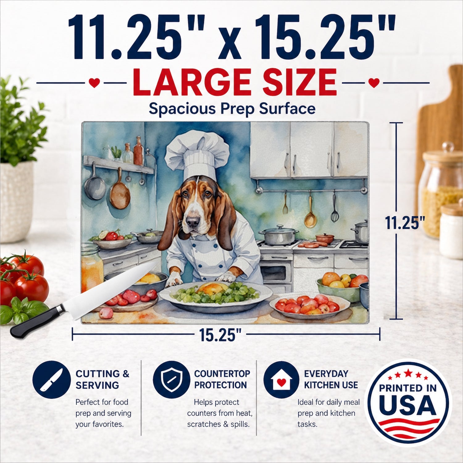Basset Hound The Chef Cutting Board Tempered Glass Kitchen Cutting Surface, Heat Resistant Chopping, Non-Slip Feet, Food Prep & Serving