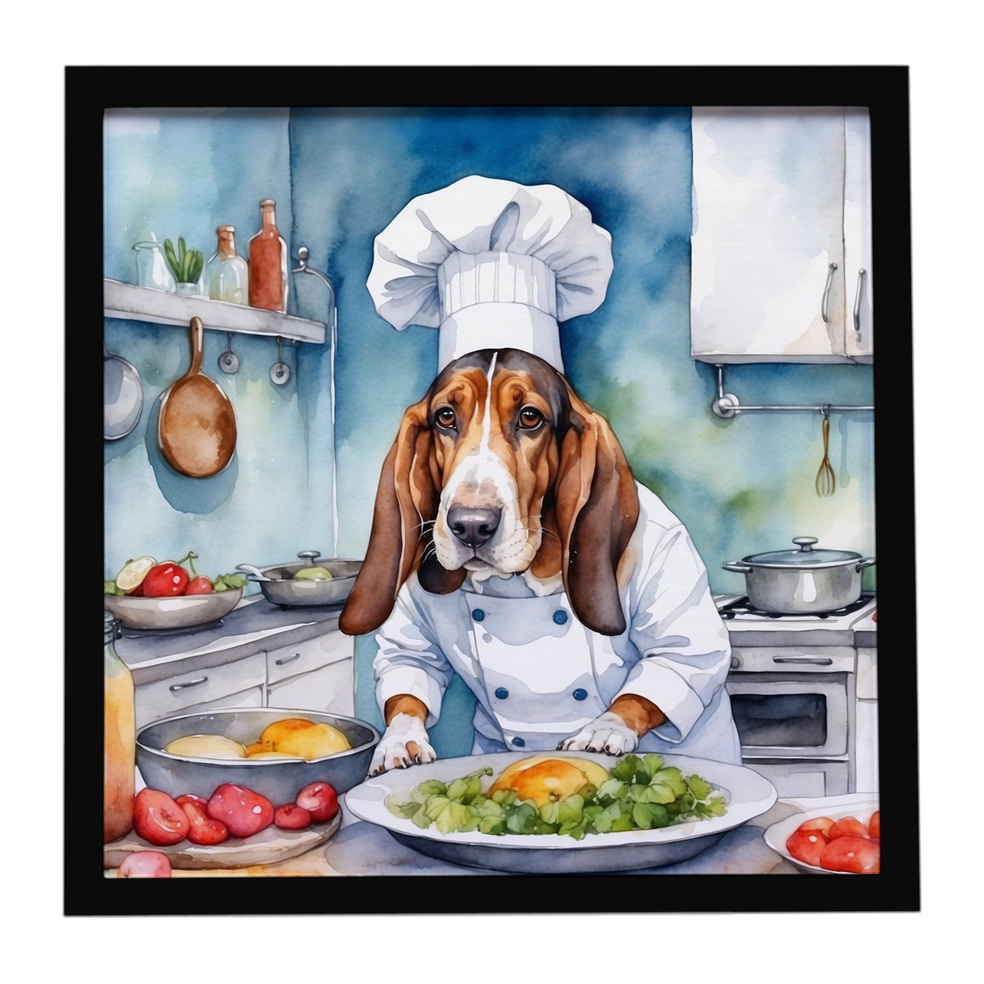 Basset Hound The Chef Framed Metal Print Bathroom, Kitchen, Office, Home Decor Wall Art Ready to Hang, Square, 8X8