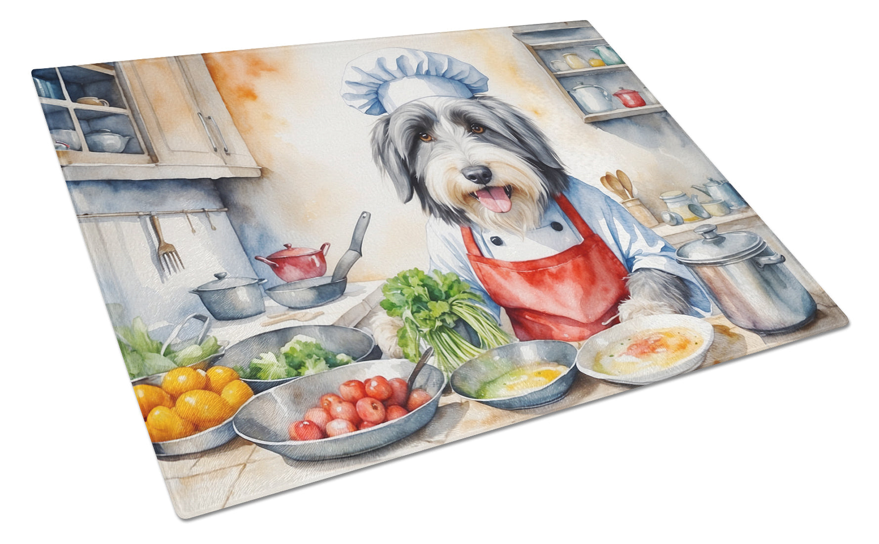 Bearded Collie The Chef Cutting Board Tempered Glass Kitchen Cutting Surface, Heat Resistant Chopping, Non-Slip Feet, Food Prep & Serving