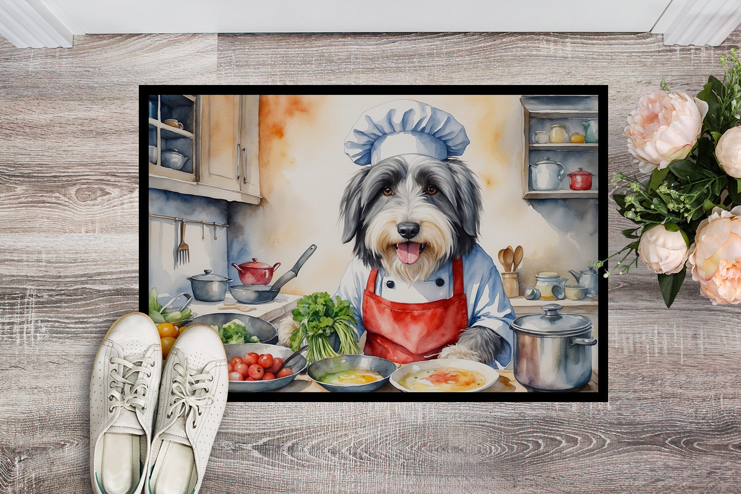Bearded Collie The Chef Doormat Indoor Outdoor 18H X 27W Front Door Mat Rugs for Entryway, Non Slip Washable