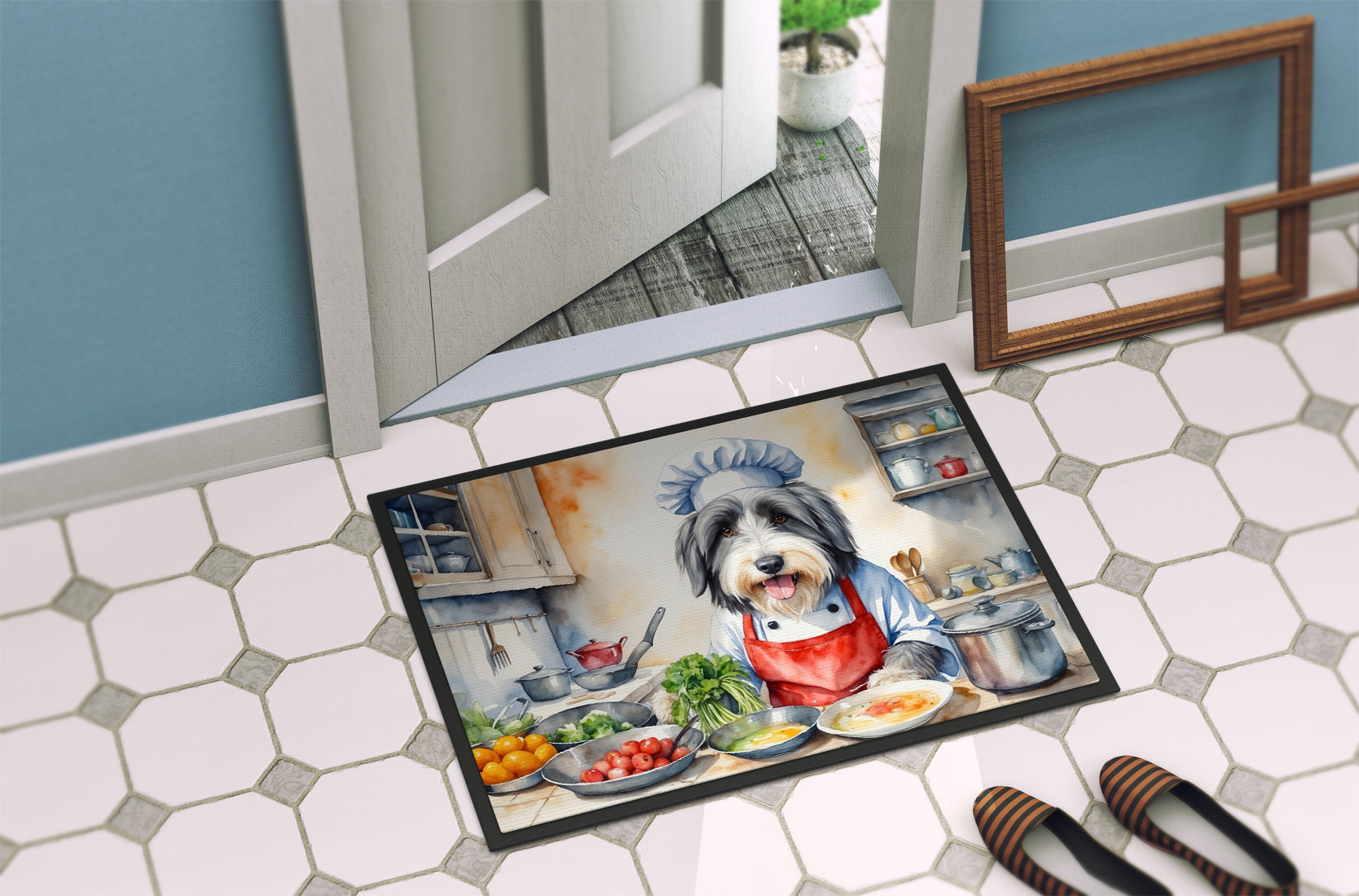 Bearded Collie The Chef Doormat Indoor Outdoor 18H X 27W Front Door Mat Rugs for Entryway, Non Slip Washable