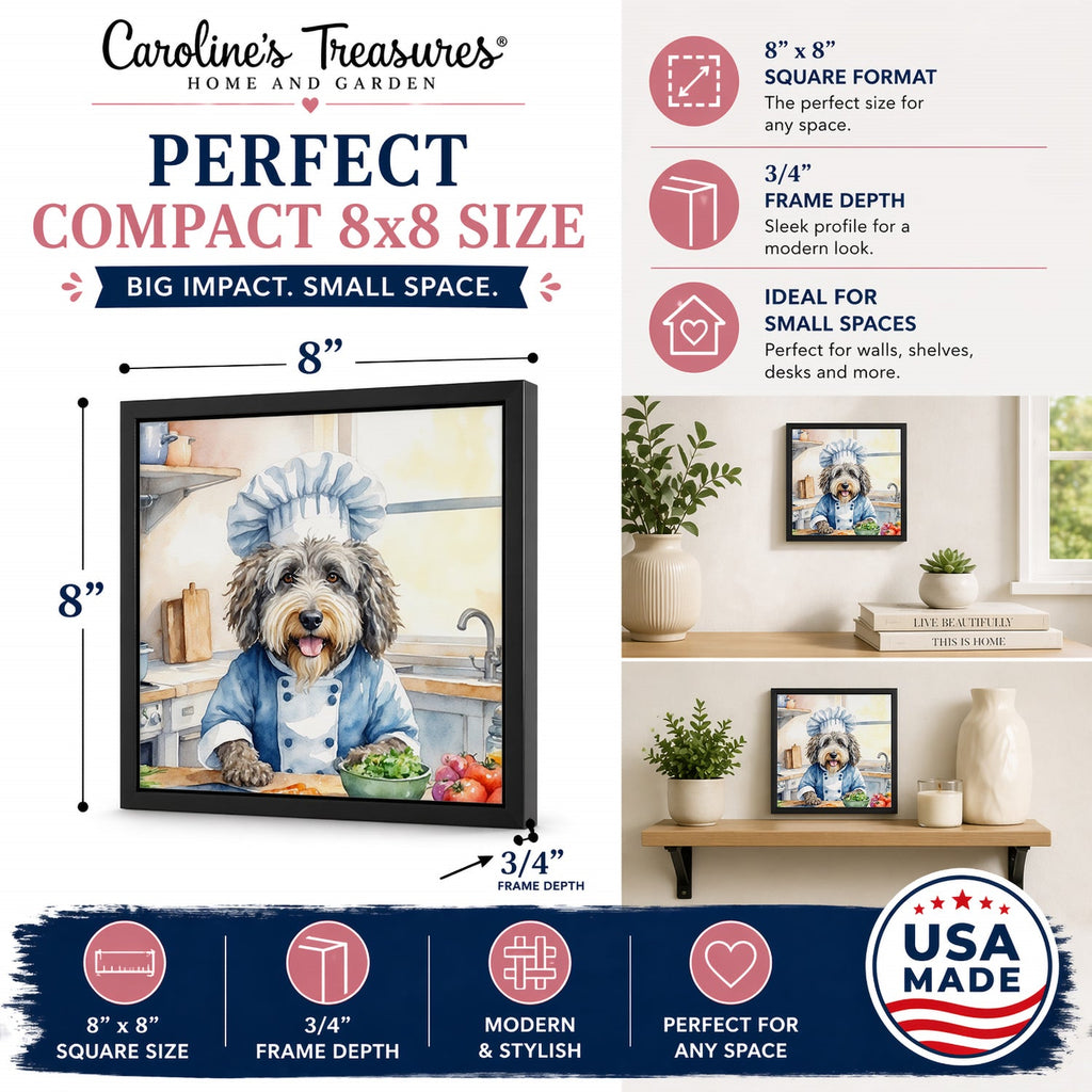 Bergamasco Sheepdog The Chef Framed Metal Print Bathroom, Kitchen, Office, Home Decor Wall Art Ready to Hang, Square, 8X8