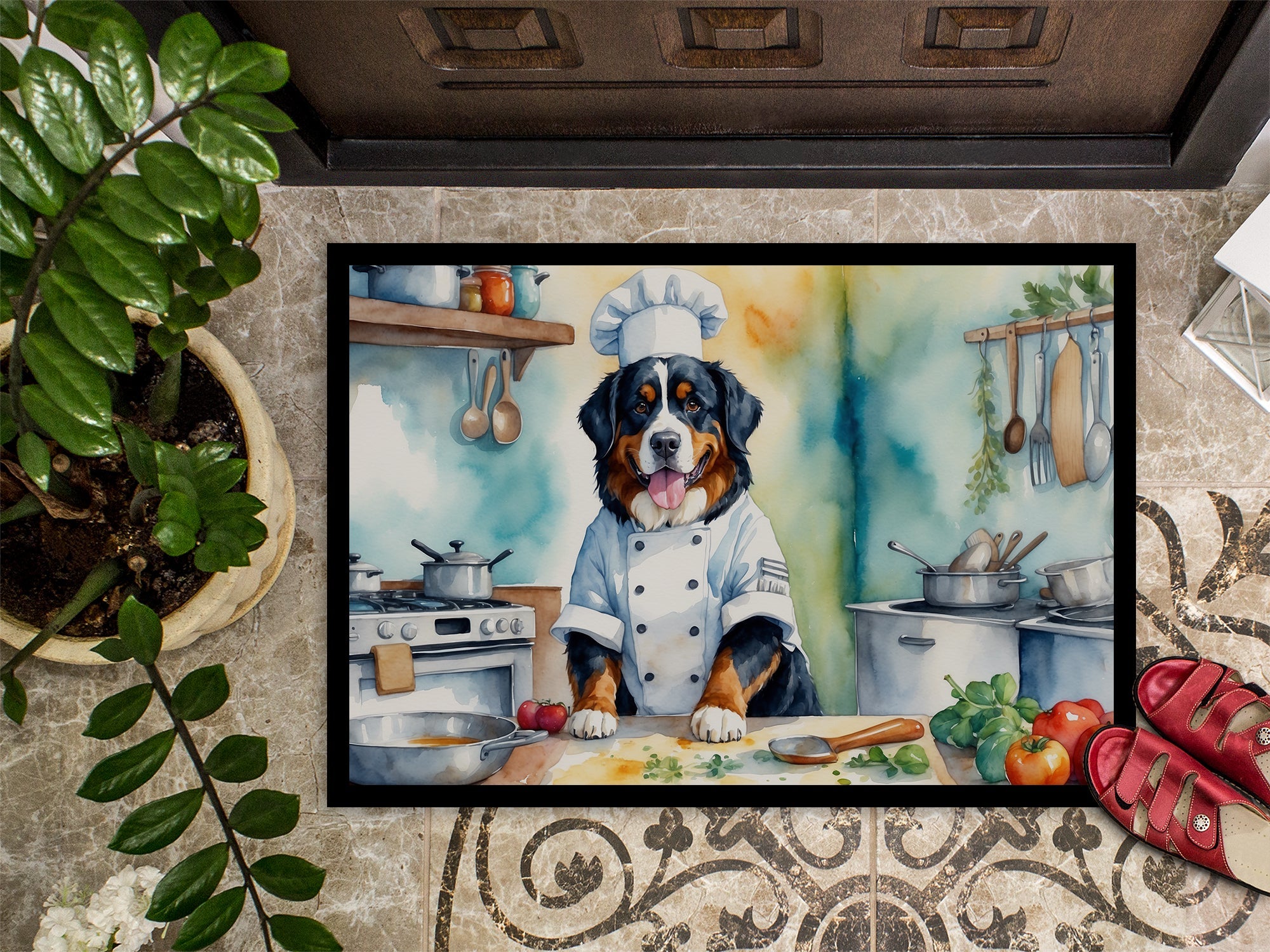 Bernese Mountain Dog The Chef Doormat Indoor Outdoor 24H X 36W Front Door Mat Rugs for Entryway, Non Slip Washable Low Pile,