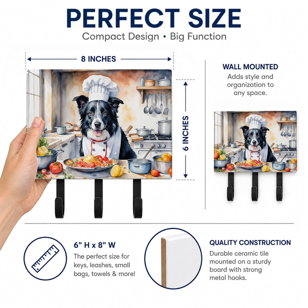 Border Collie The Chef Leash or Key Holder Wall Hooks, Coat Rack Wall Mount, for Hanging Keys, Towels, Aprons, Leashes