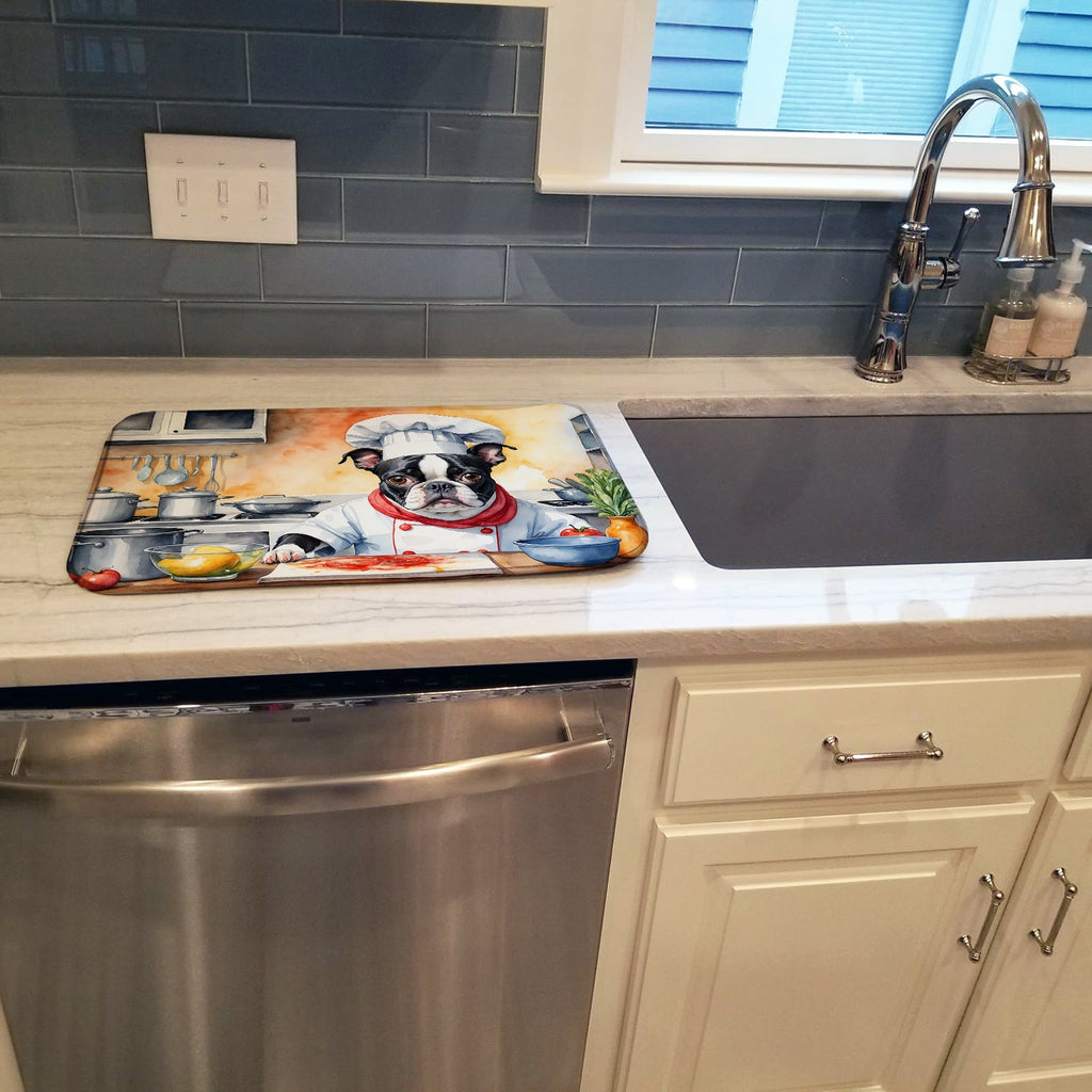 Boston Terrier The Chef Dish Drying Mat Absorbent Dish Drying Mat Pad for Kitchen Counter Dish Drainer Mat for Countertop, 14 x 21", Multicolor
