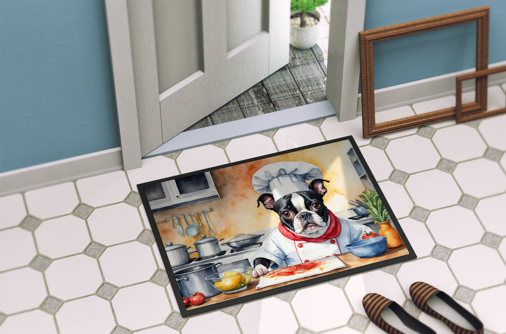 Boston Terrier The Chef Doormat Indoor Outdoor 24H X 36W Front Door Mat Rugs for Entryway, Non Slip Washable Low Pile,