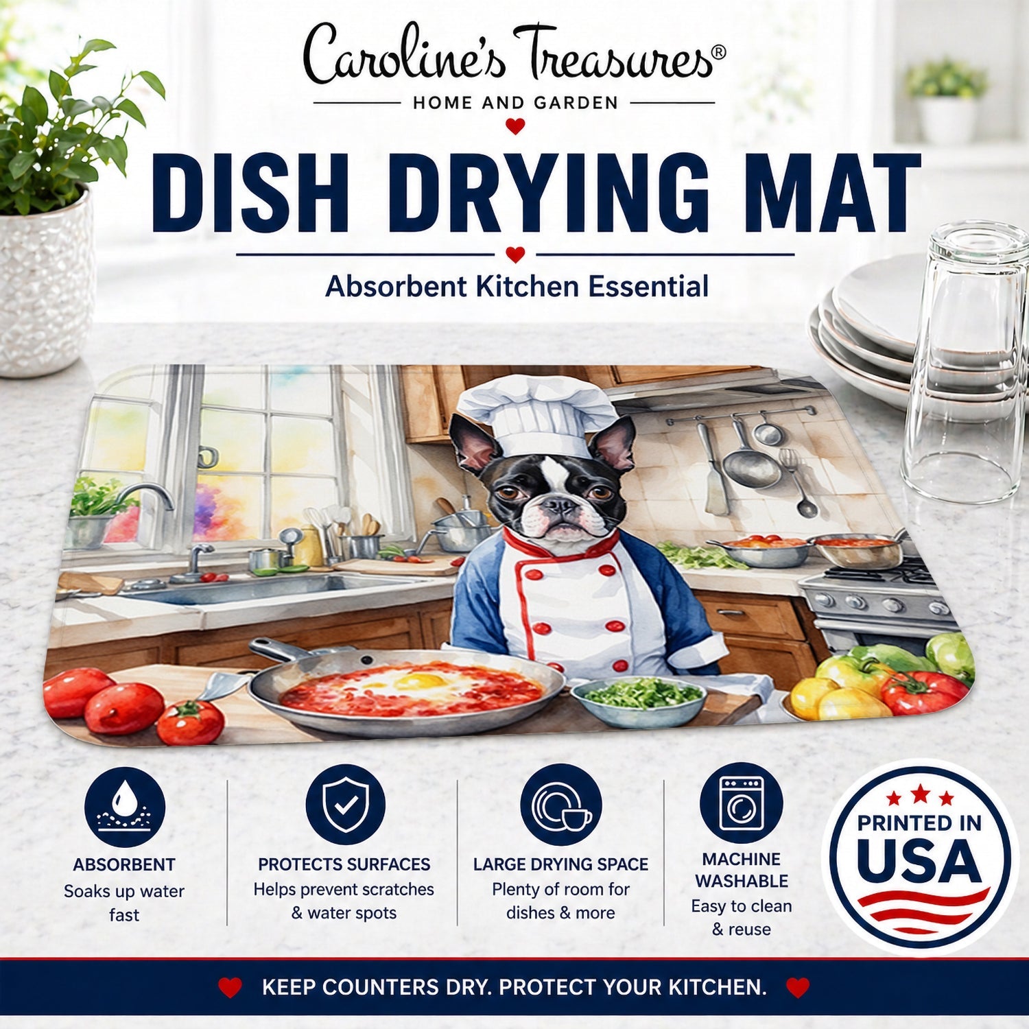 Boston Terrier The Chef Dish Drying Mat Absorbent Dish Drying Mat Pad for Kitchen Counter Dish Drainer Mat for Countertop, 14 x 21", Multicolor