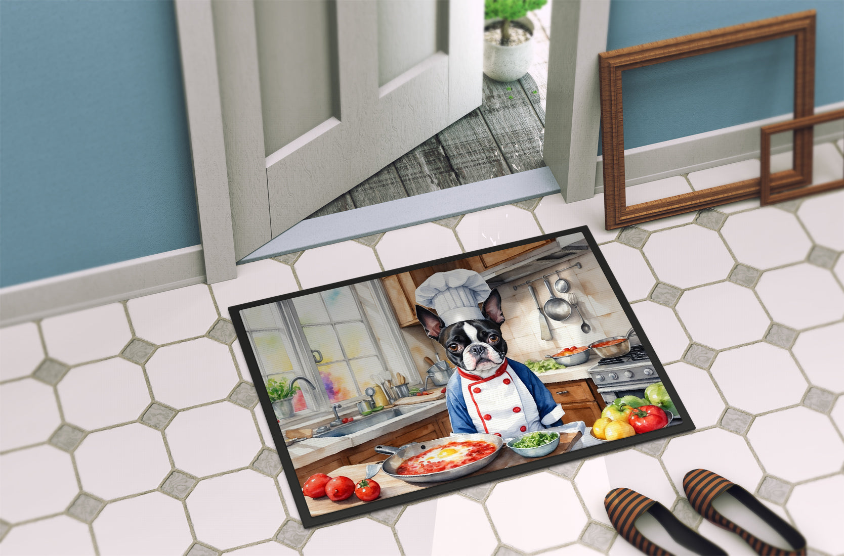 Boston Terrier The Chef Doormat Indoor Outdoor 24H X 36W Front Door Mat Rugs for Entryway, Non Slip Washable Low Pile,