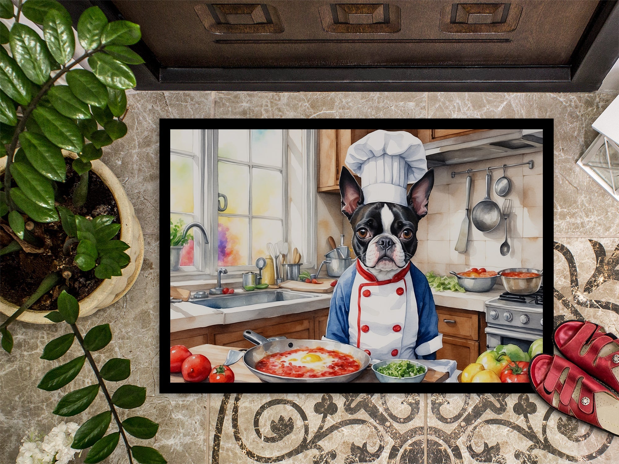 Boston Terrier The Chef Doormat Indoor Outdoor 18H X 27W Front Door Mat Rugs for Entryway, Non Slip Washable