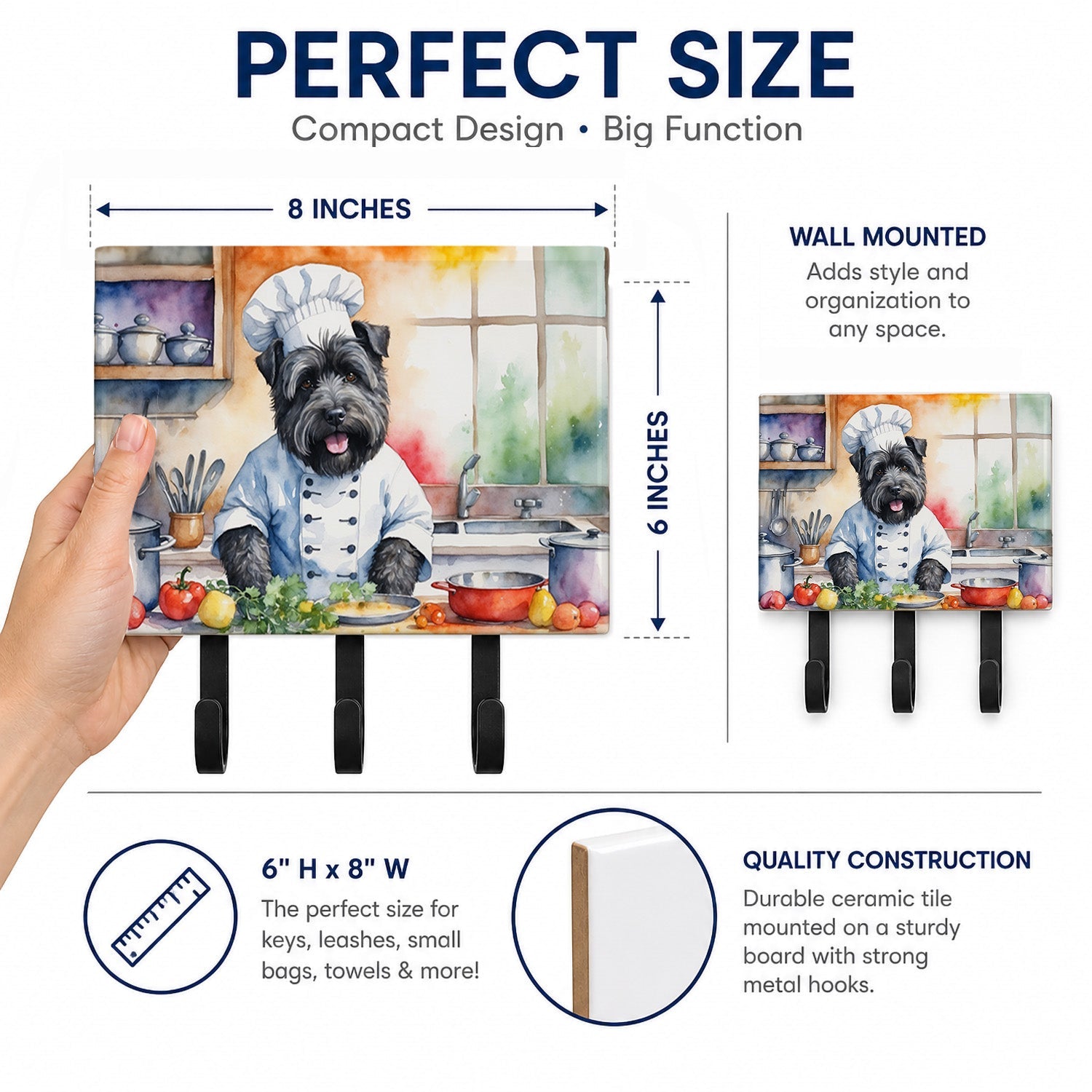 Bouvier des Flandres The Chef Leash or Key Holder Wall Hooks, Coat Rack Wall Mount, for Hanging Keys, Towels, Aprons, Leashes
