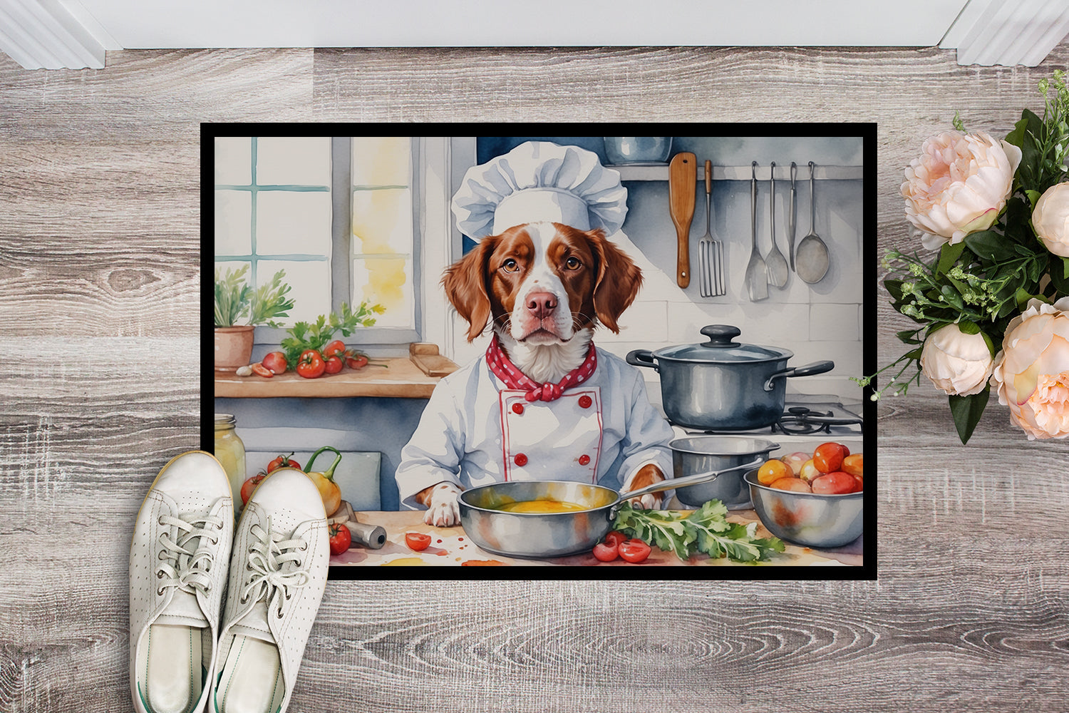 Brittany Spaniel The Chef Doormat Indoor Outdoor 18H X 27W Front Door Mat Rugs for Entryway, Non Slip Washable