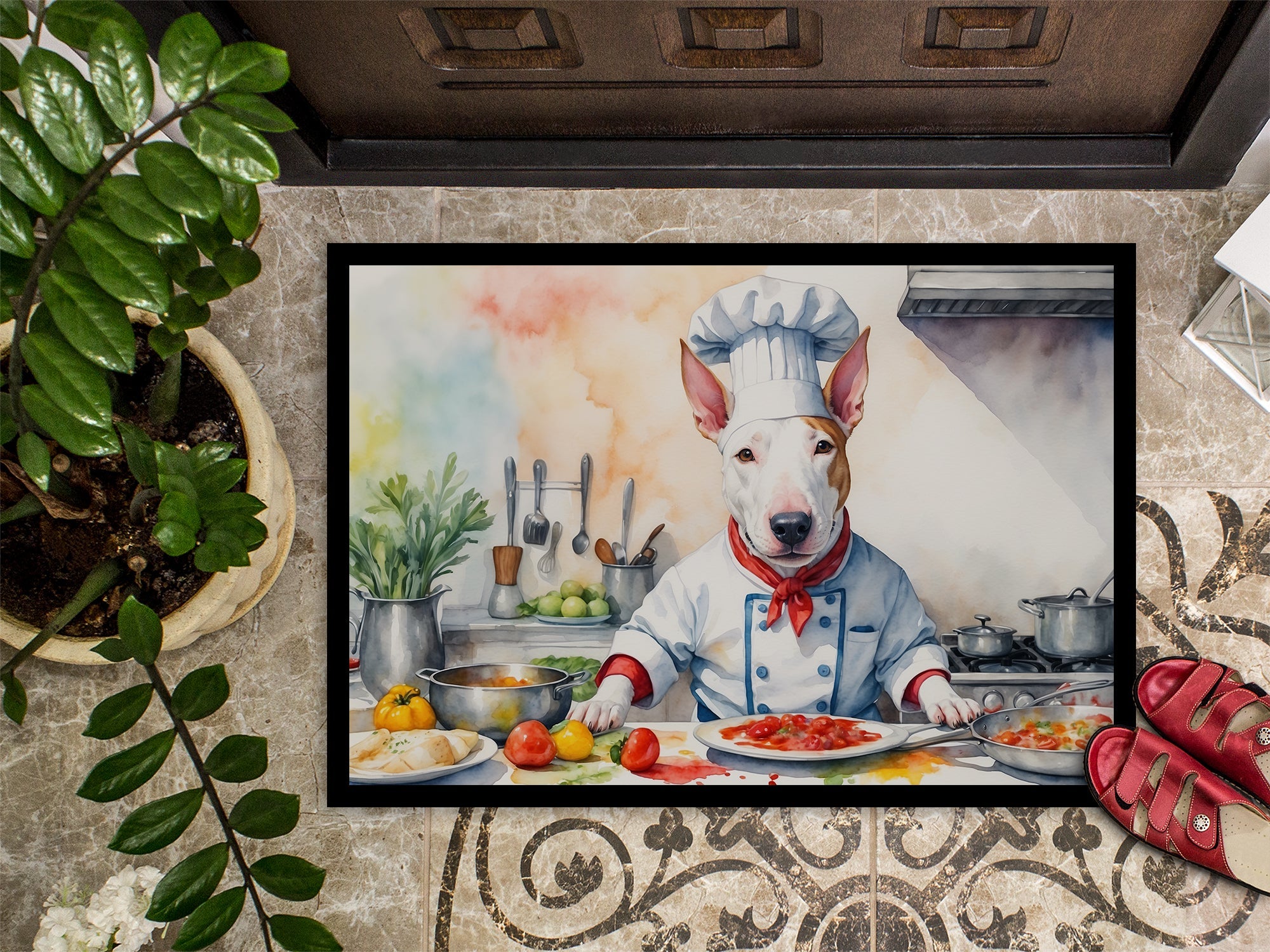 Bull Terrier The Chef Doormat Indoor Outdoor 24H X 36W Front Door Mat Rugs for Entryway, Non Slip Washable Low Pile,