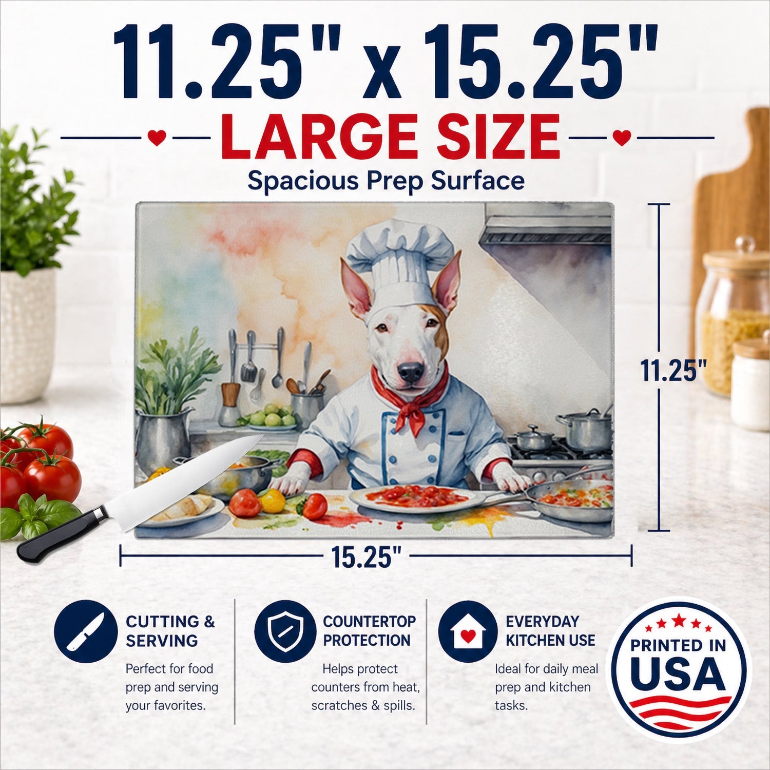 Bull Terrier The Chef Cutting Board Tempered Glass Kitchen Cutting Surface, Heat Resistant Chopping, Non-Slip Feet, Food Prep & Serving