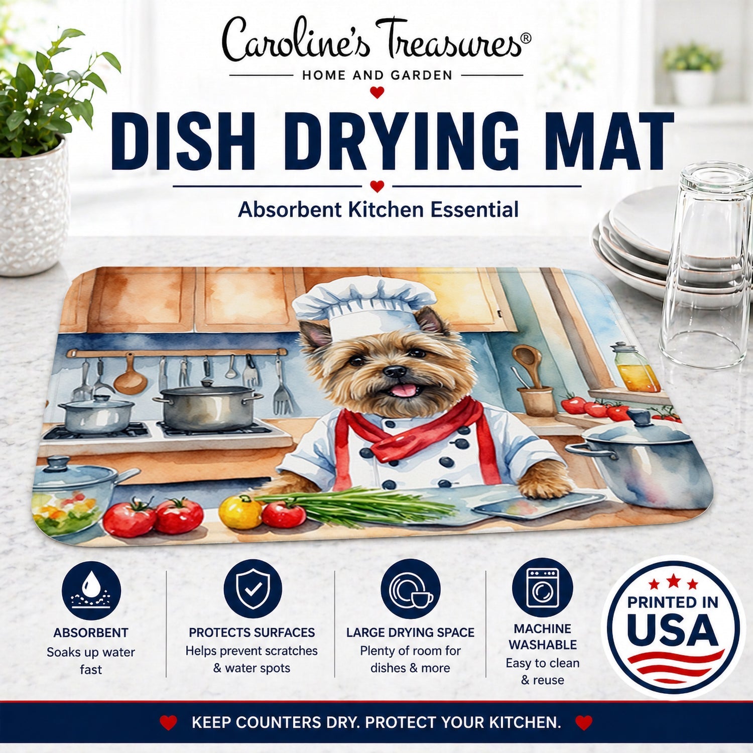 Cairn Terrier The Chef Dish Drying Mat Absorbent Dish Drying Mat Pad for Kitchen Counter Dish Drainer Mat for Countertop, 14 x 21", Multicolor
