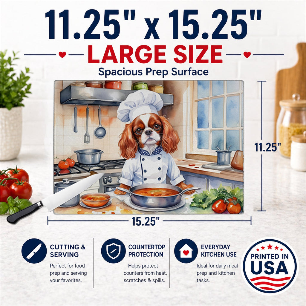 Cavalier Spaniel The Chef Cutting Board Tempered Glass Kitchen Cutting Surface, Heat Resistant Chopping, Non-Slip Feet, Food Prep & Serving
