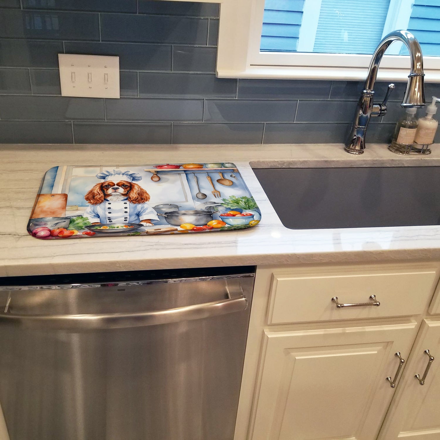 Cavalier Spaniel The Chef Dish Drying Mat Absorbent Dish Drying Mat Pad for Kitchen Counter Dish Drainer Mat for Countertop, 14 x 21", Multicolor