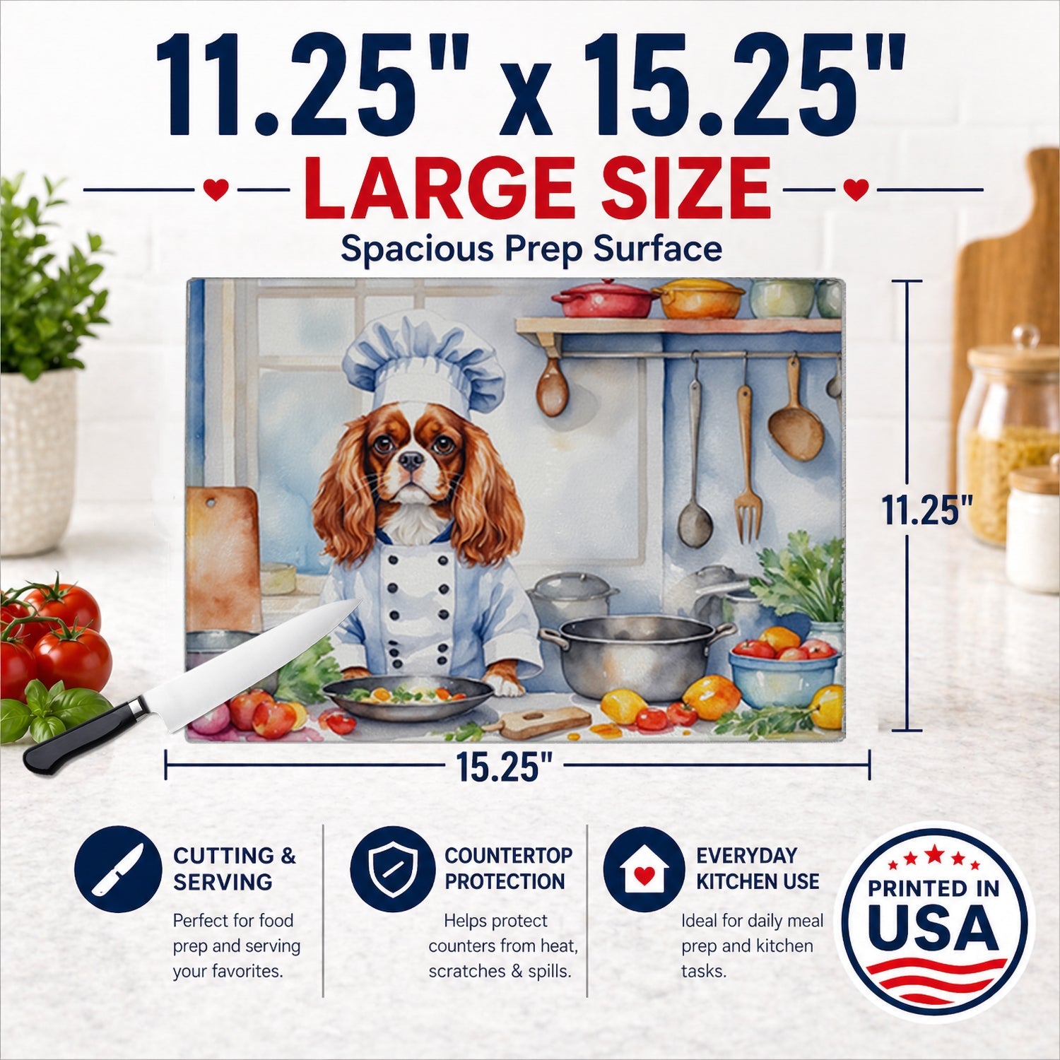 Cavalier Spaniel The Chef Cutting Board Tempered Glass Kitchen Cutting Surface, Heat Resistant Chopping, Non-Slip Feet, Food Prep & Serving