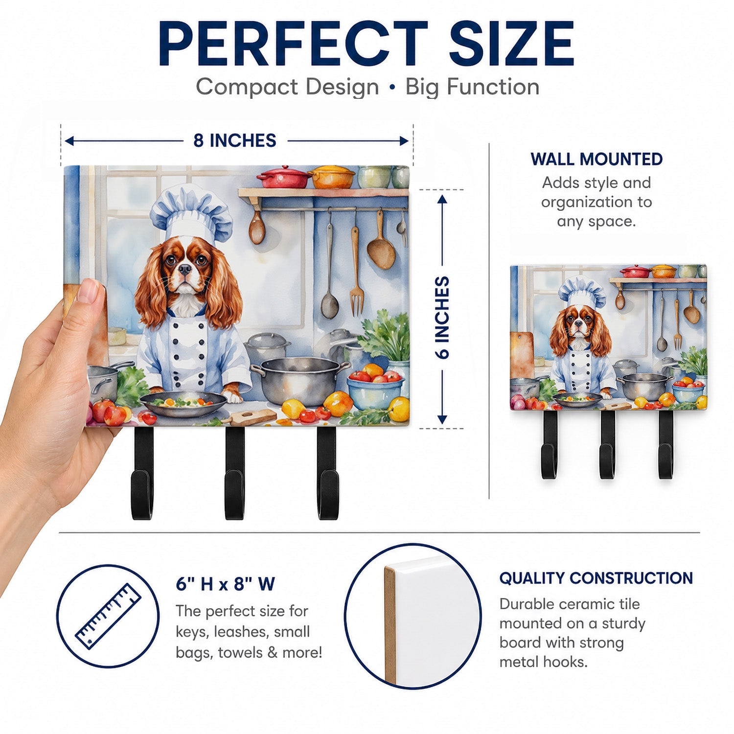 Cavalier Spaniel The Chef Leash or Key Holder Wall Hooks, Coat Rack Wall Mount, for Hanging Keys, Towels, Aprons, Leashes