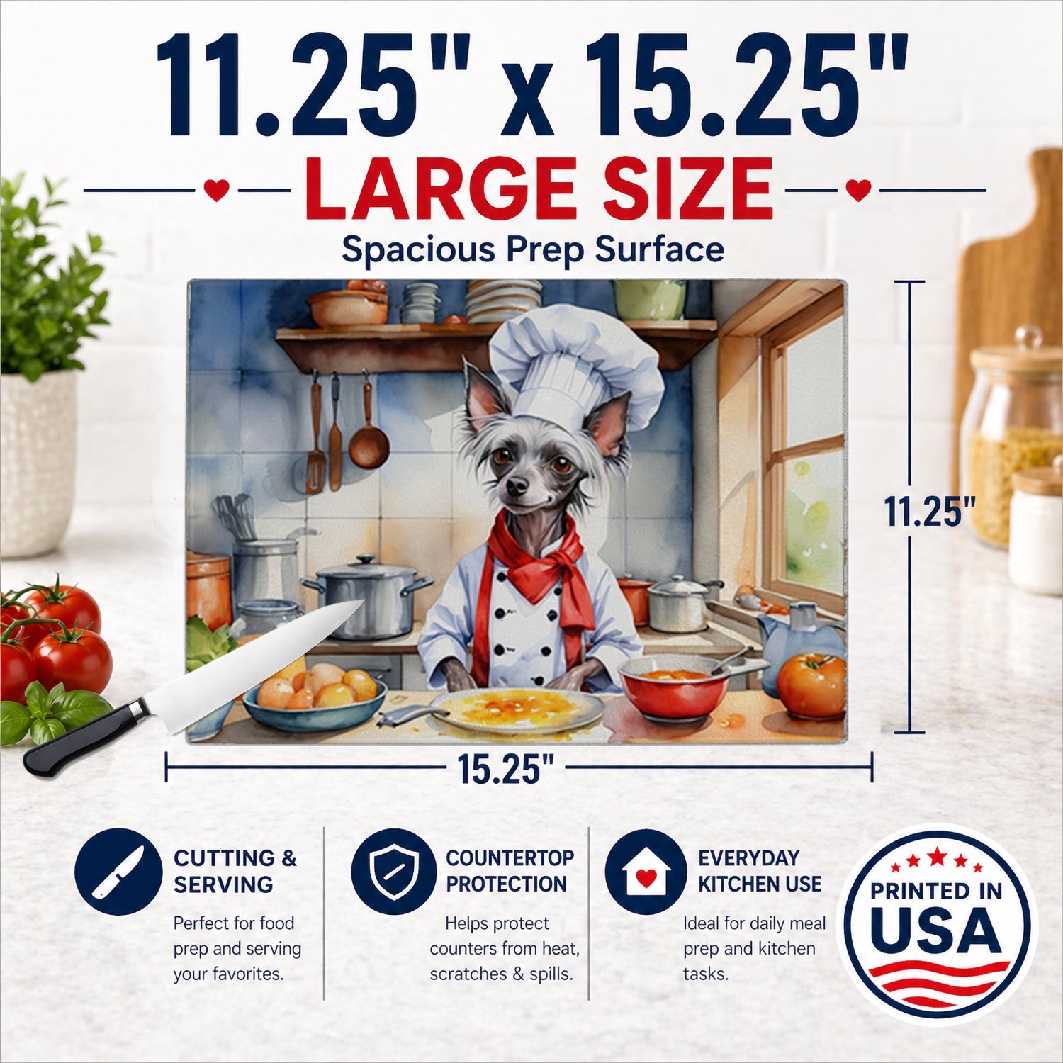 Chinese Crested The Chef Cutting Board Tempered Glass Kitchen Cutting Surface, Heat Resistant Chopping, Non-Slip Feet, Food Prep & Serving
