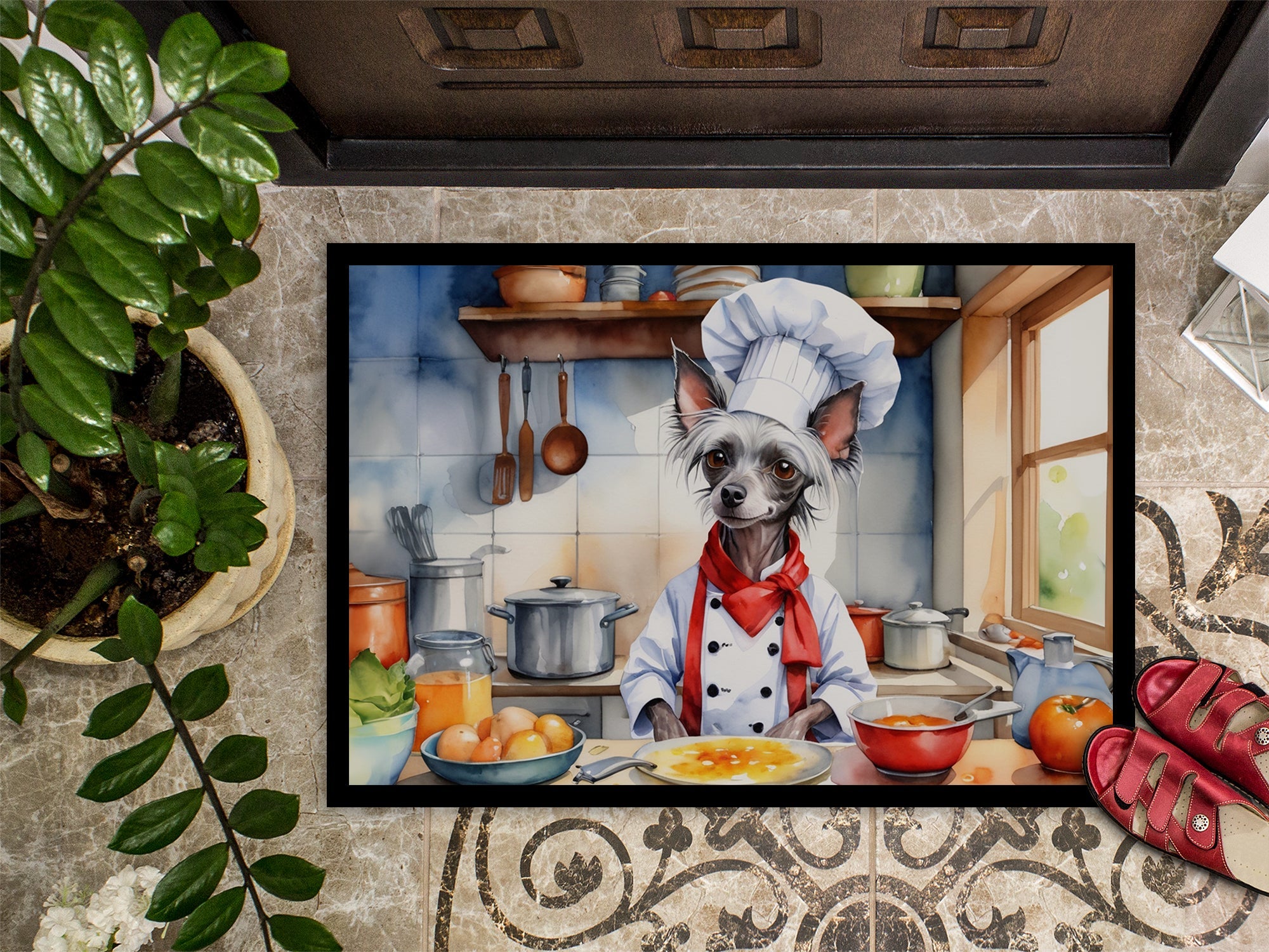 Chinese Crested The Chef Doormat Indoor Outdoor 18H X 27W Front Door Mat Rugs for Entryway, Non Slip Washable