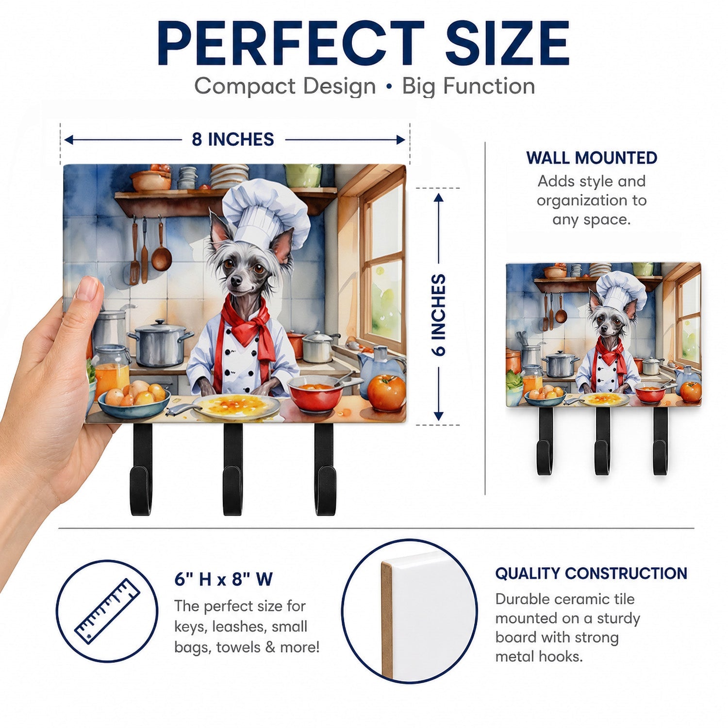 Chinese Crested The Chef Leash or Key Holder Wall Hooks, Coat Rack Wall Mount, for Hanging Keys, Towels, Aprons, Leashes
