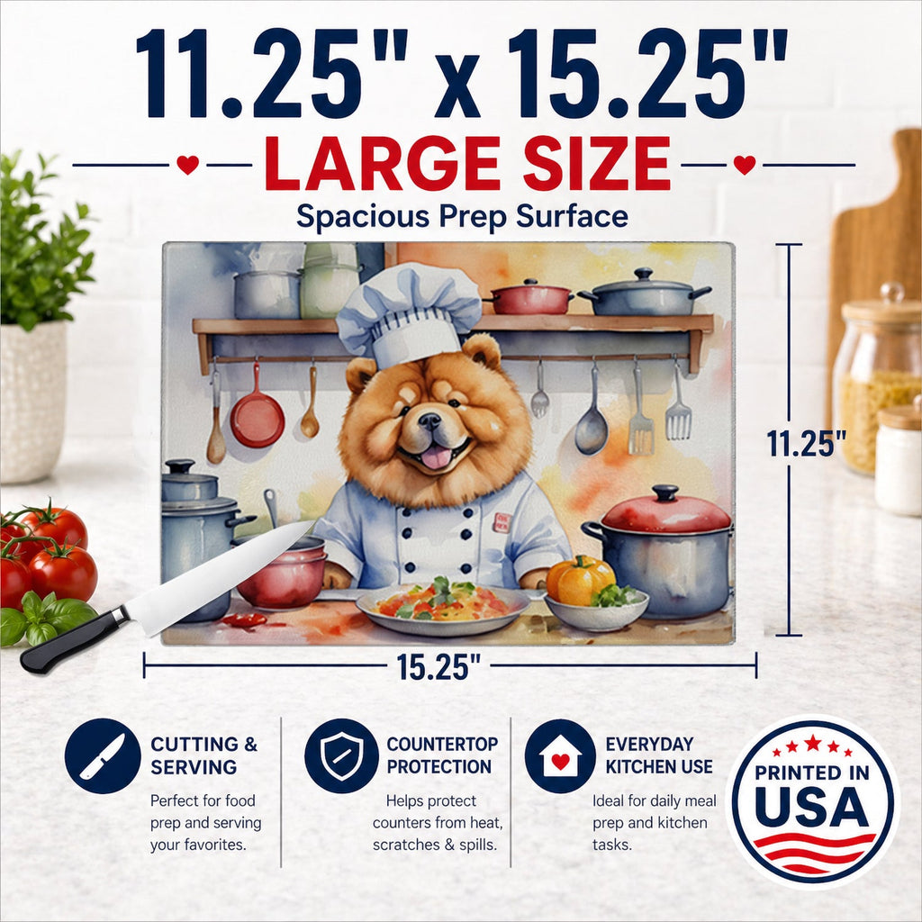 Chow Chow The Chef Cutting Board Tempered Glass Kitchen Cutting Surface, Heat Resistant Chopping, Non-Slip Feet, Food Prep & Serving