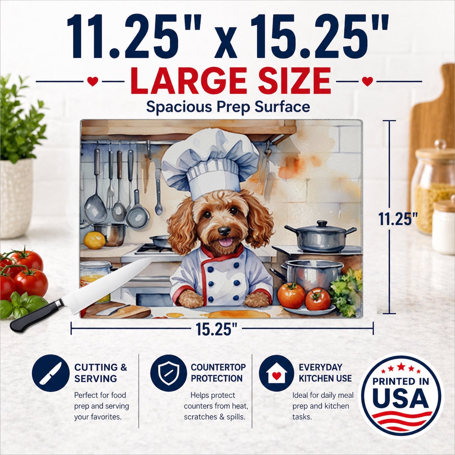 Cockapoo The Chef Cutting Board Tempered Glass Kitchen Cutting Surface, Heat Resistant Chopping, Non-Slip Feet, Food Prep & Serving