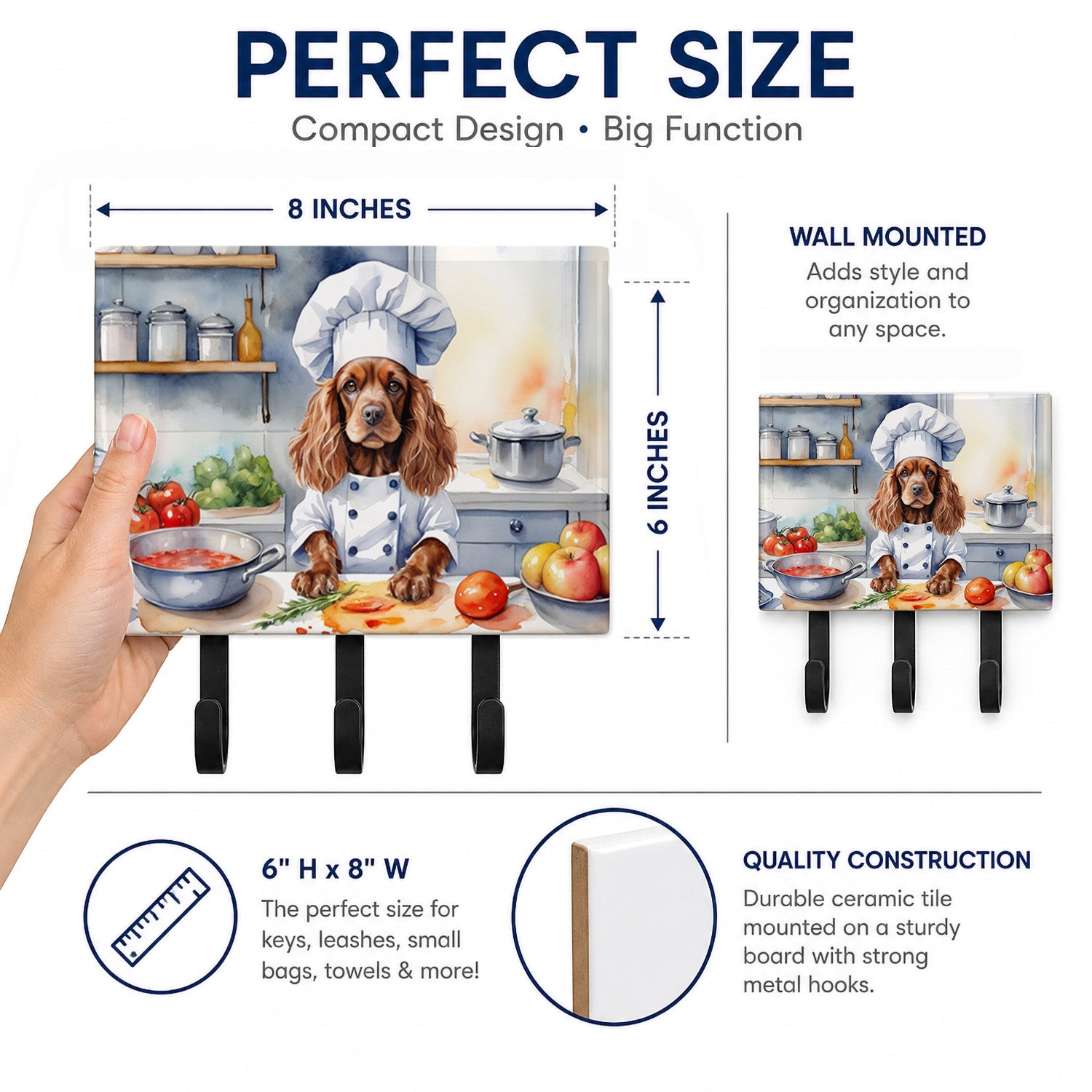 Cocker Spaniel The Chef Leash or Key Holder Wall Hooks, Coat Rack Wall Mount, for Hanging Keys, Towels, Aprons, Leashes