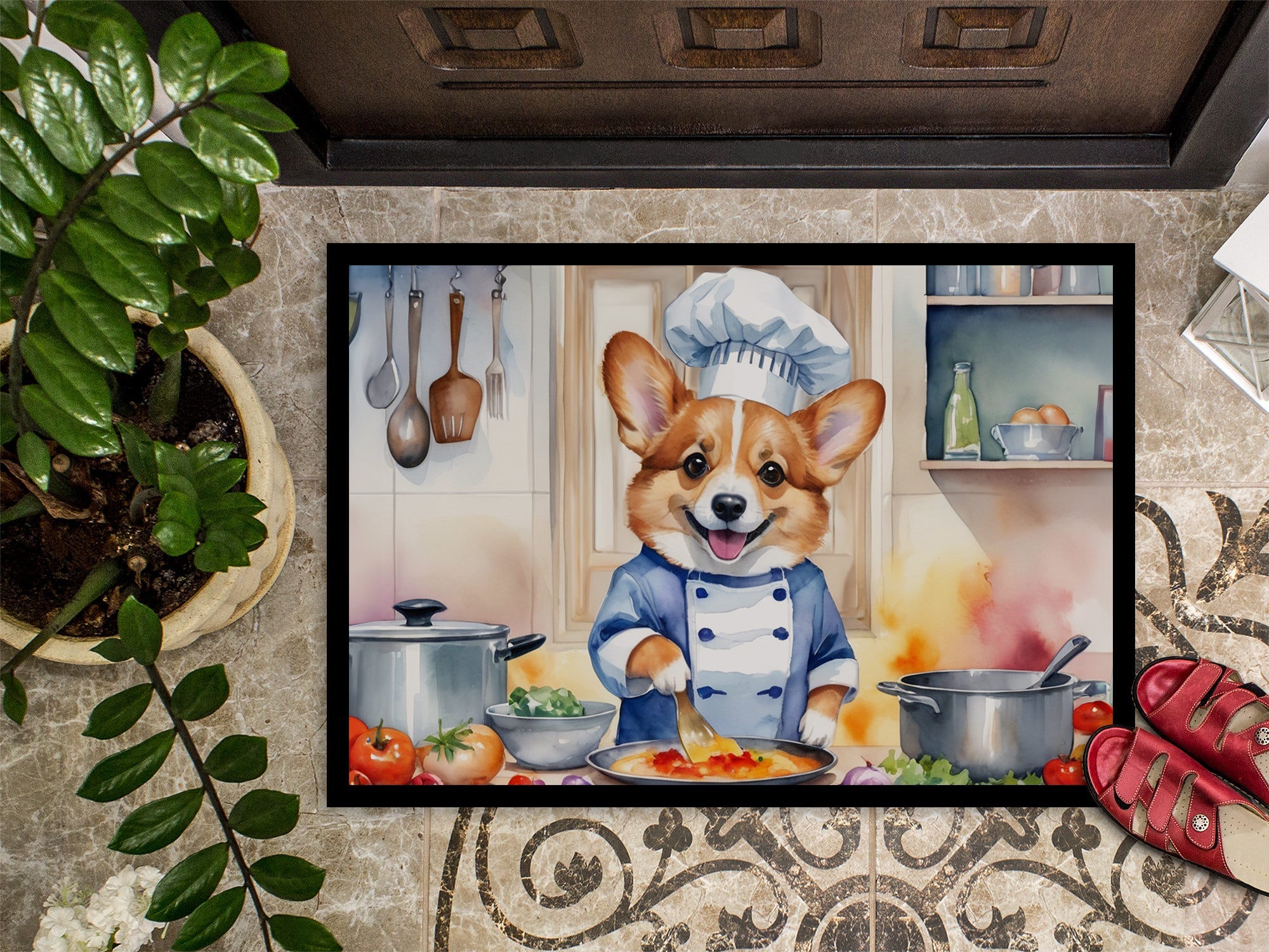Corgi The Chef Doormat Indoor Outdoor 24H X 36W Front Door Mat Rugs for Entryway, Non Slip Washable Low Pile,