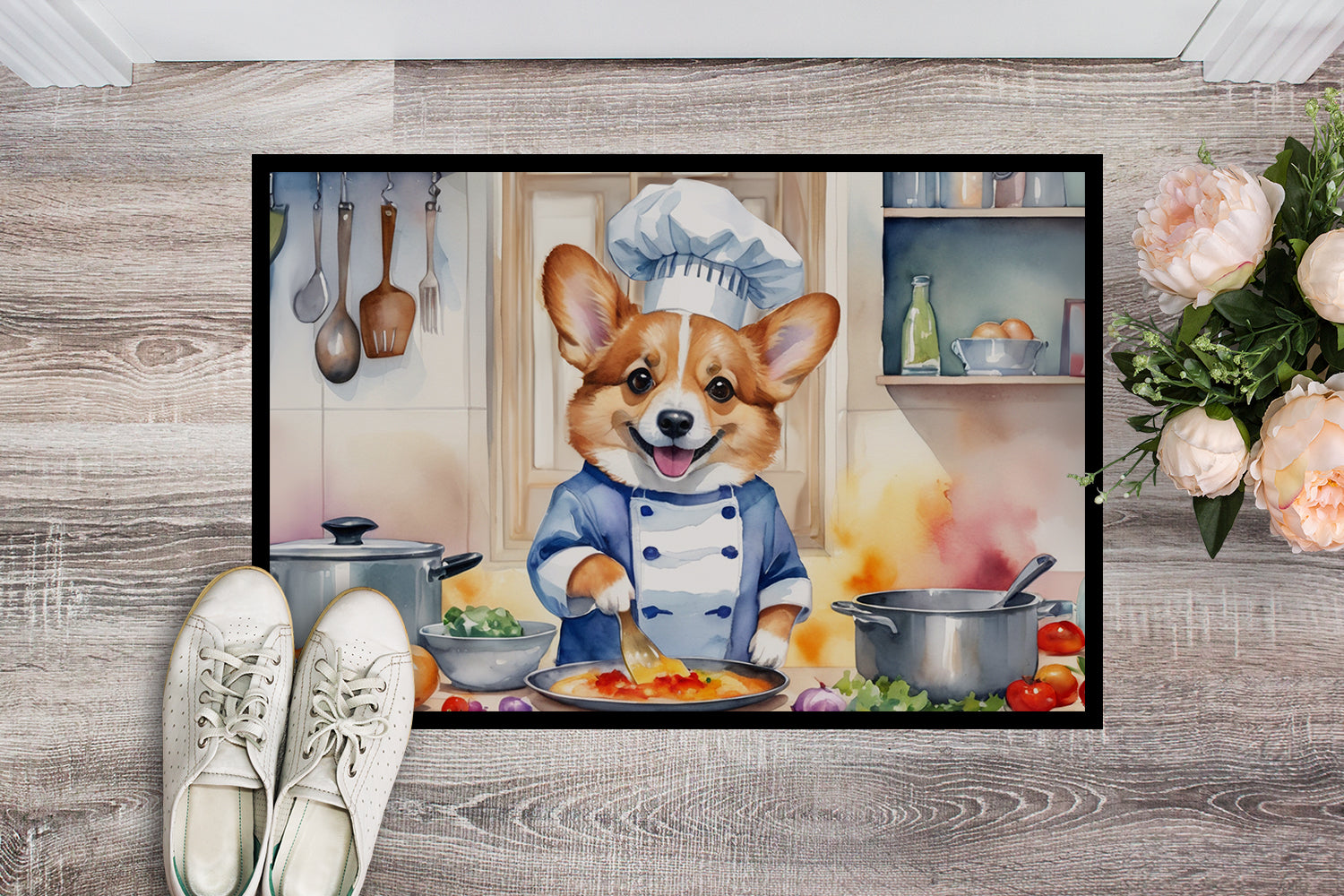 Corgi The Chef Doormat Indoor Outdoor 18H X 27W Front Door Mat Rugs for Entryway, Non Slip Washable