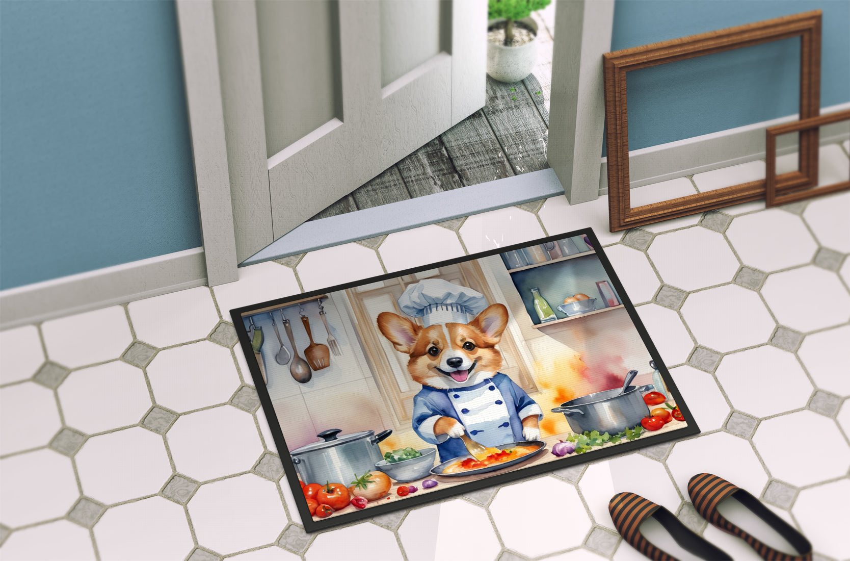 Corgi The Chef Doormat Indoor Outdoor 18H X 27W Front Door Mat Rugs for Entryway, Non Slip Washable