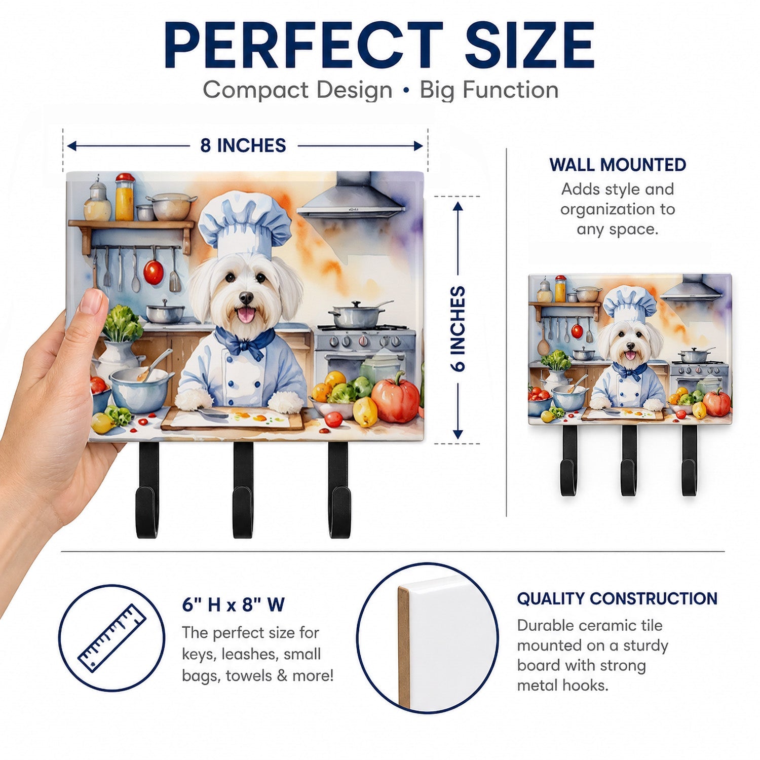 Coton de Tulear The Chef Leash or Key Holder Wall Hooks, Coat Rack Wall Mount, for Hanging Keys, Towels, Aprons, Leashes