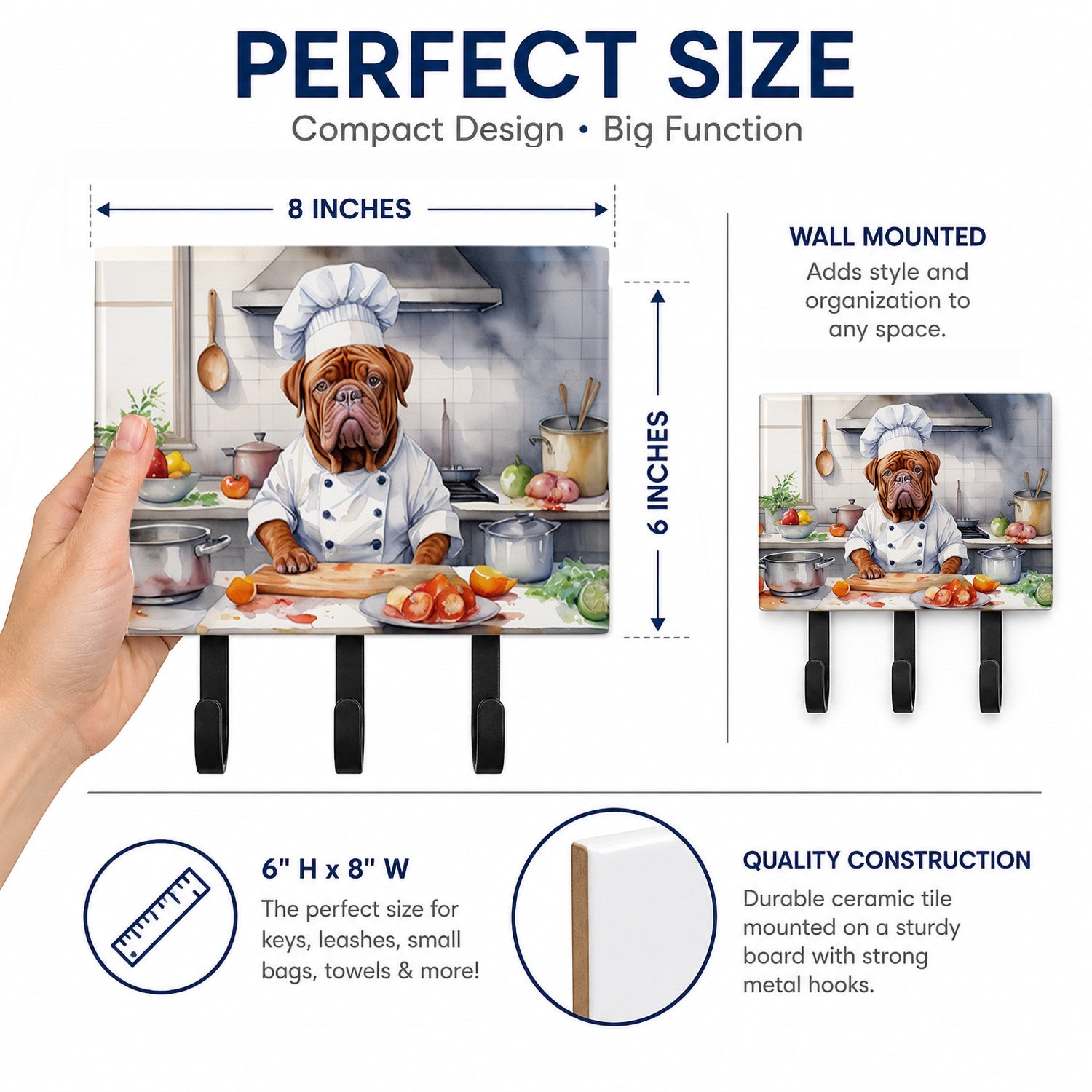 Dogue de Bordeaux The Chef Leash or Key Holder Wall Hooks, Coat Rack Wall Mount, for Hanging Keys, Towels, Aprons, Leashes