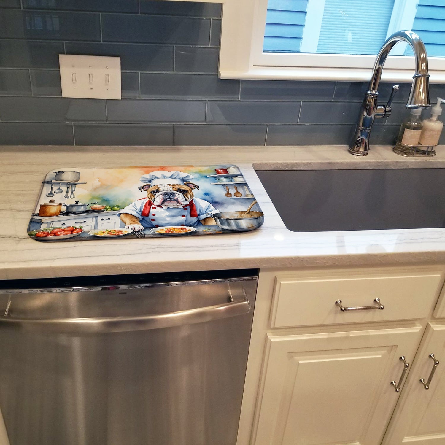 English Bulldog The Chef Dish Drying Mat Absorbent Dish Drying Mat Pad for Kitchen Counter Dish Drainer Mat for Countertop, 14 x 21", Multicolor