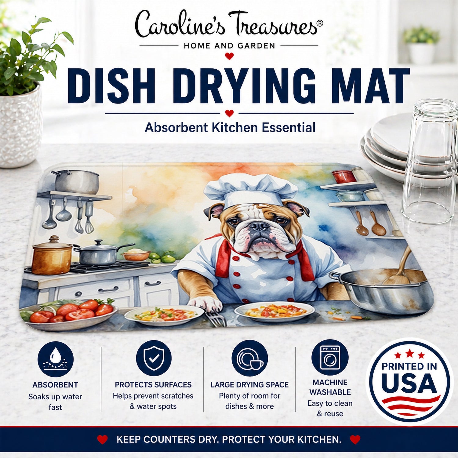 English Bulldog The Chef Dish Drying Mat Absorbent Dish Drying Mat Pad for Kitchen Counter Dish Drainer Mat for Countertop, 14 x 21", Multicolor