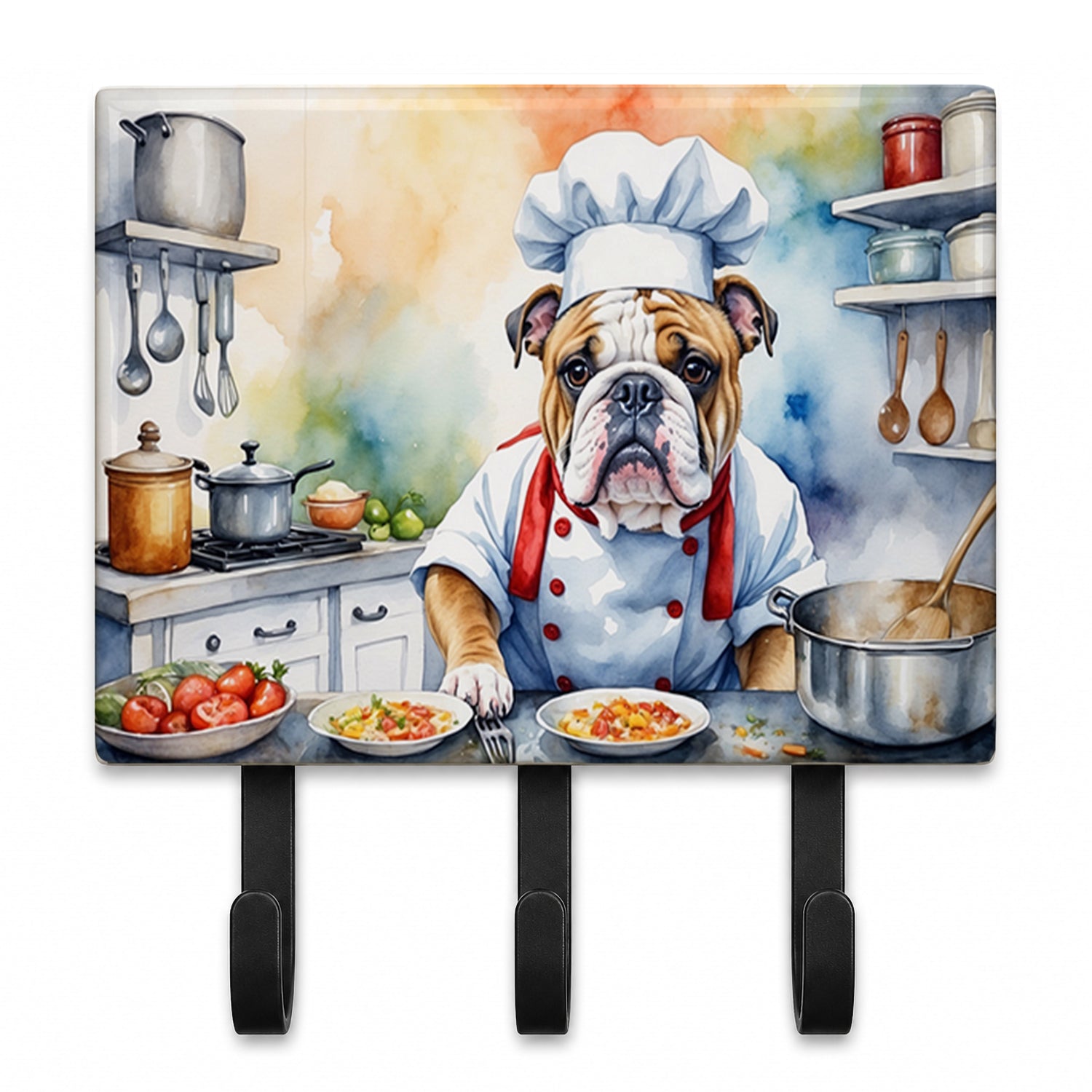 English Bulldog The Chef Leash or Key Holder Wall Hooks, Coat Rack Wall Mount, for Hanging Keys, Towels, Aprons, Leashes