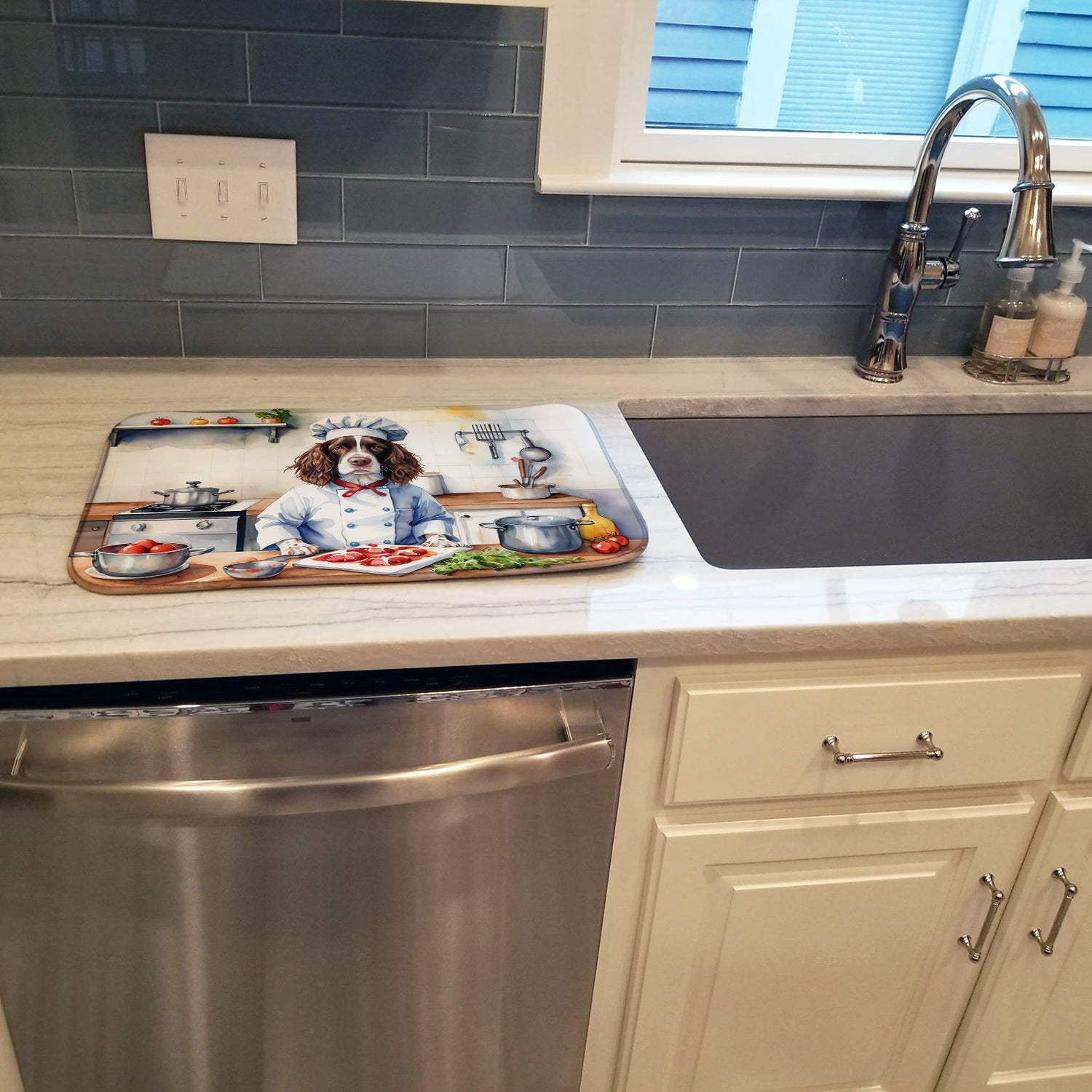 English Springer Spaniel The Chef Dish Drying Mat Absorbent Dish Drying Mat Pad for Kitchen Counter Dish Drainer Mat for Countertop, 14 x 21", Multicolor