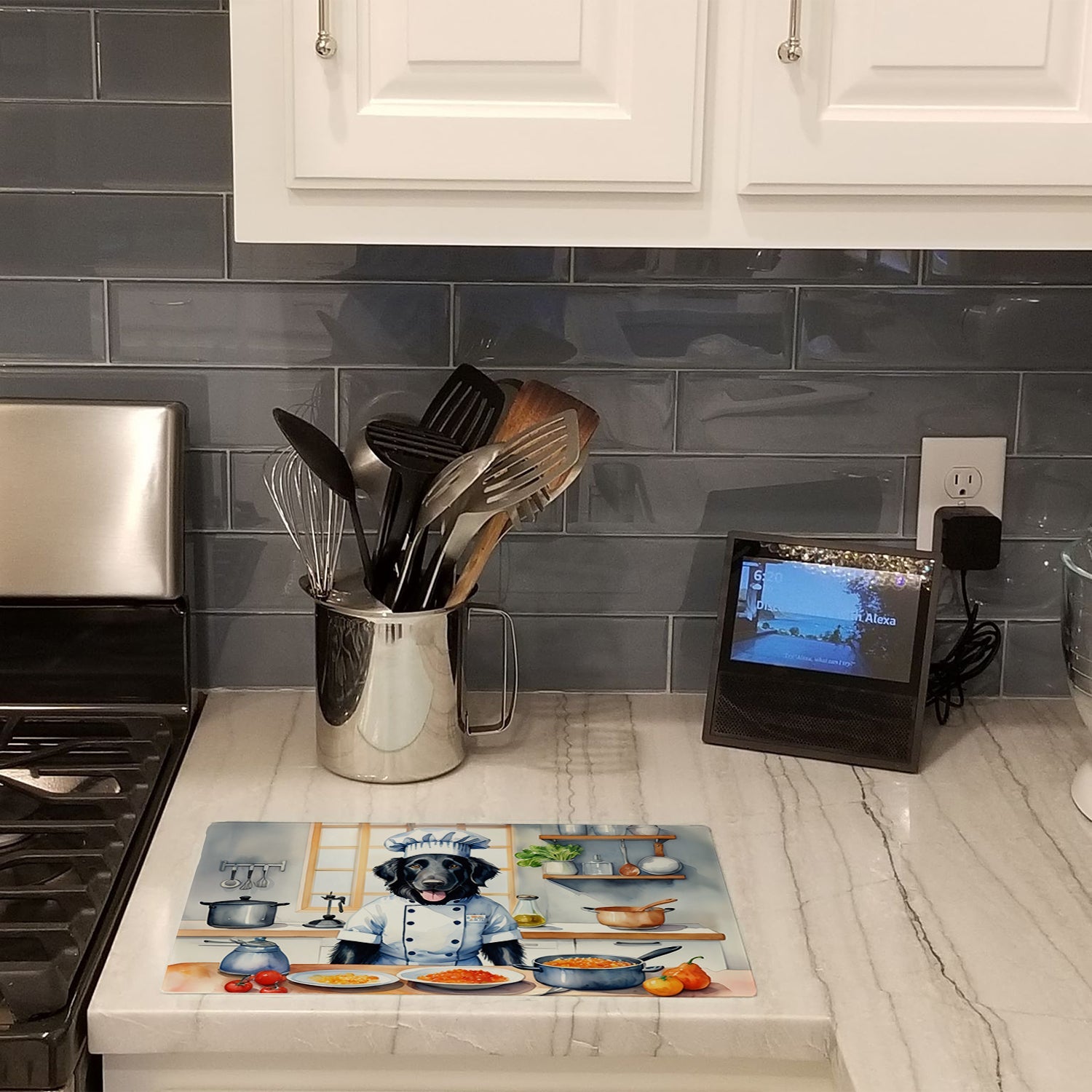 Flat-Coated Retriever The Chef Cutting Board Tempered Glass Kitchen Cutting Surface, Heat Resistant Chopping, Non-Slip Feet, Food Prep & Serving