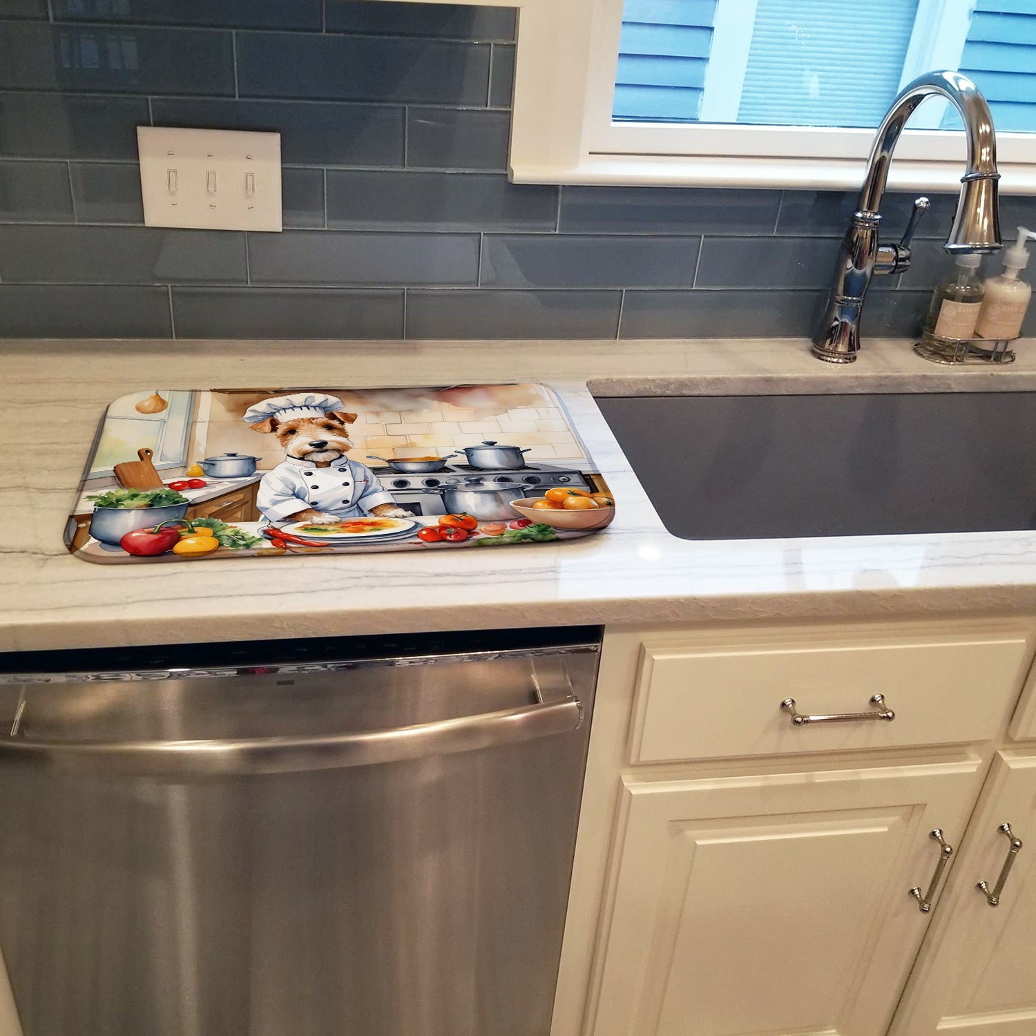Fox Terrier The Chef Dish Drying Mat Absorbent Dish Drying Mat Pad for Kitchen Counter Dish Drainer Mat for Countertop, 14 x 21", Multicolor
