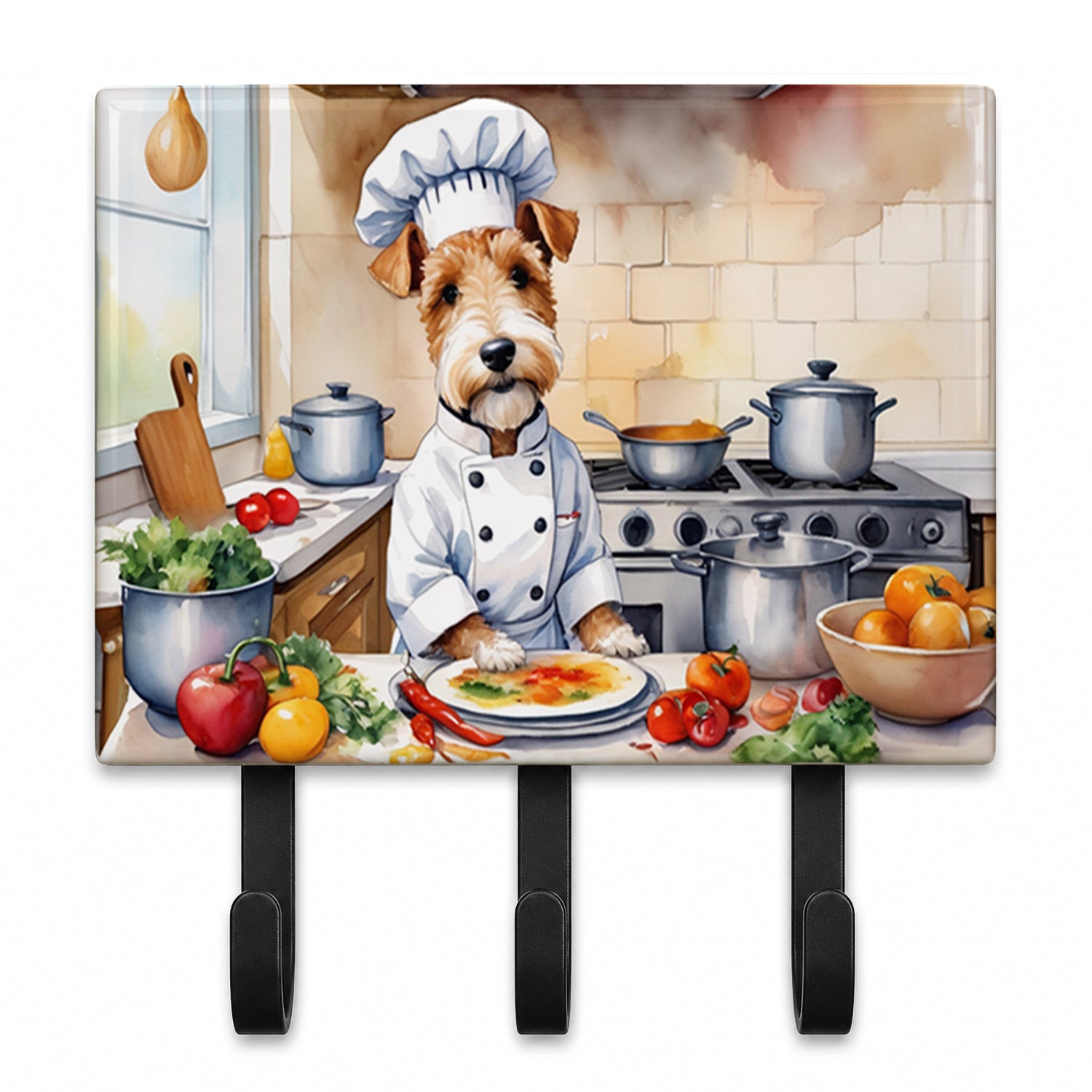 Fox Terrier The Chef Leash or Key Holder Wall Hooks, Coat Rack Wall Mount, for Hanging Keys, Towels, Aprons, Leashes