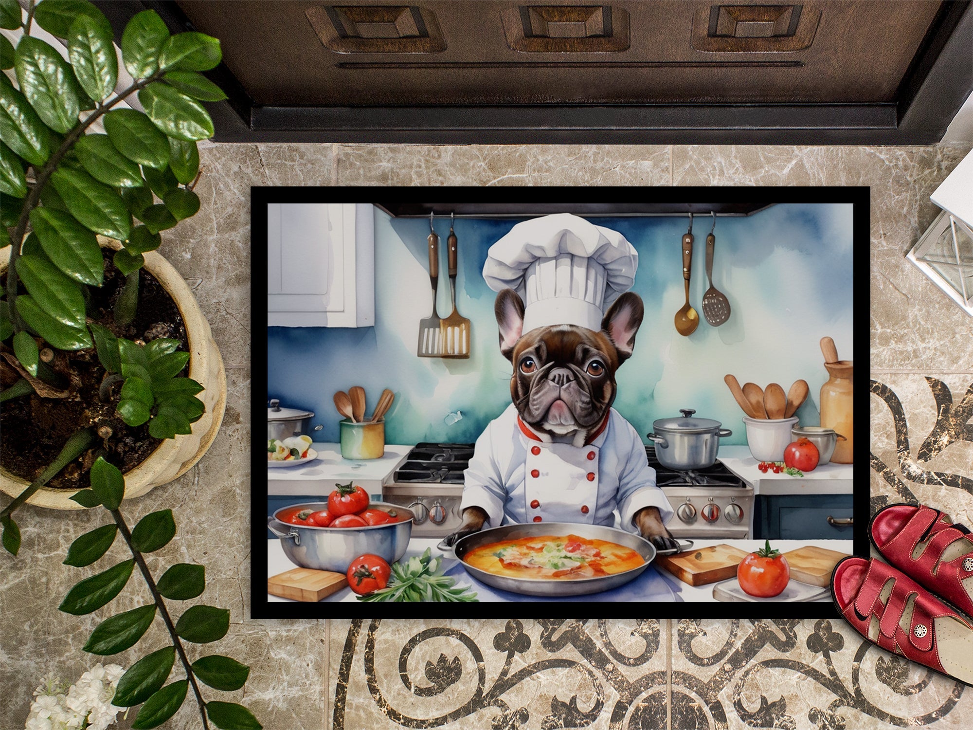 French Bulldog The Chef Doormat Indoor Outdoor 18H X 27W Front Door Mat Rugs for Entryway, Non Slip Washable