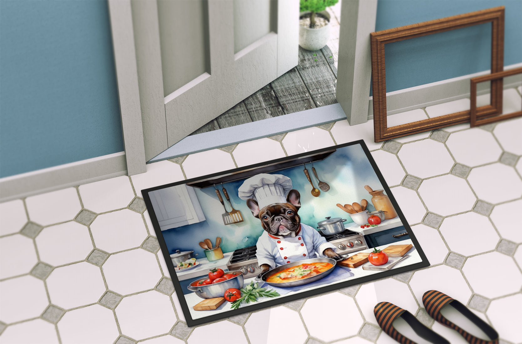 French Bulldog The Chef Doormat Indoor Outdoor 18H X 27W Front Door Mat Rugs for Entryway, Non Slip Washable