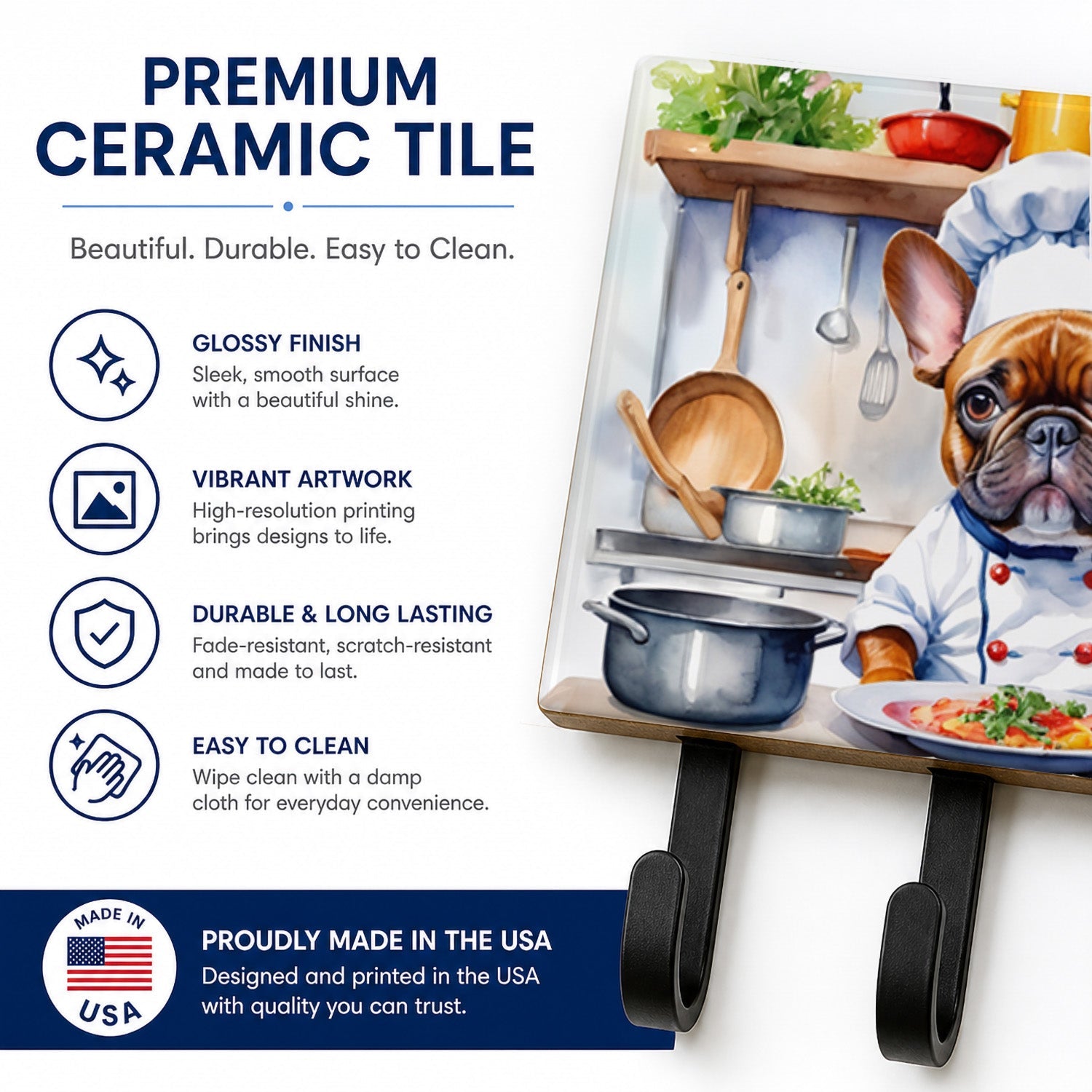 French Bulldog The Chef Leash or Key Holder Wall Hooks, Coat Rack Wall Mount, for Hanging Keys, Towels, Aprons, Leashes