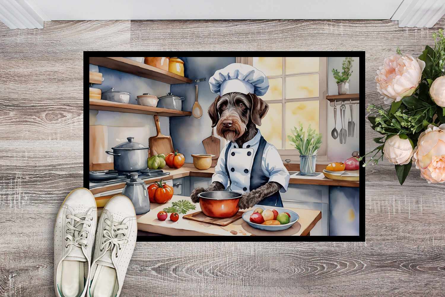 German Wirehaired Pointer The Chef Doormat Indoor Outdoor 18H X 27W Front Door Mat Rugs for Entryway, Non Slip Washable