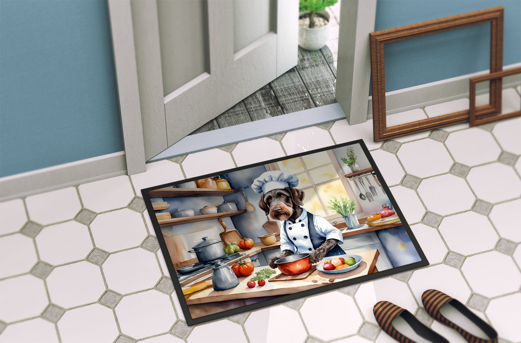 German Wirehaired Pointer The Chef Doormat Indoor Outdoor 18H X 27W Front Door Mat Rugs for Entryway, Non Slip Washable